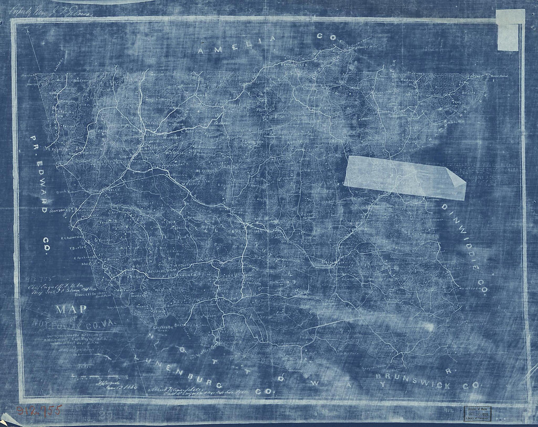 This old map of Map of Nottoway County, Va. (Map of Nottoway County, Virginia) from 1864 was created by Albert H. (Albert Henry) Campbell,  Confederate States of America. Army. Department of Northern Virginia. Chief Engineer&