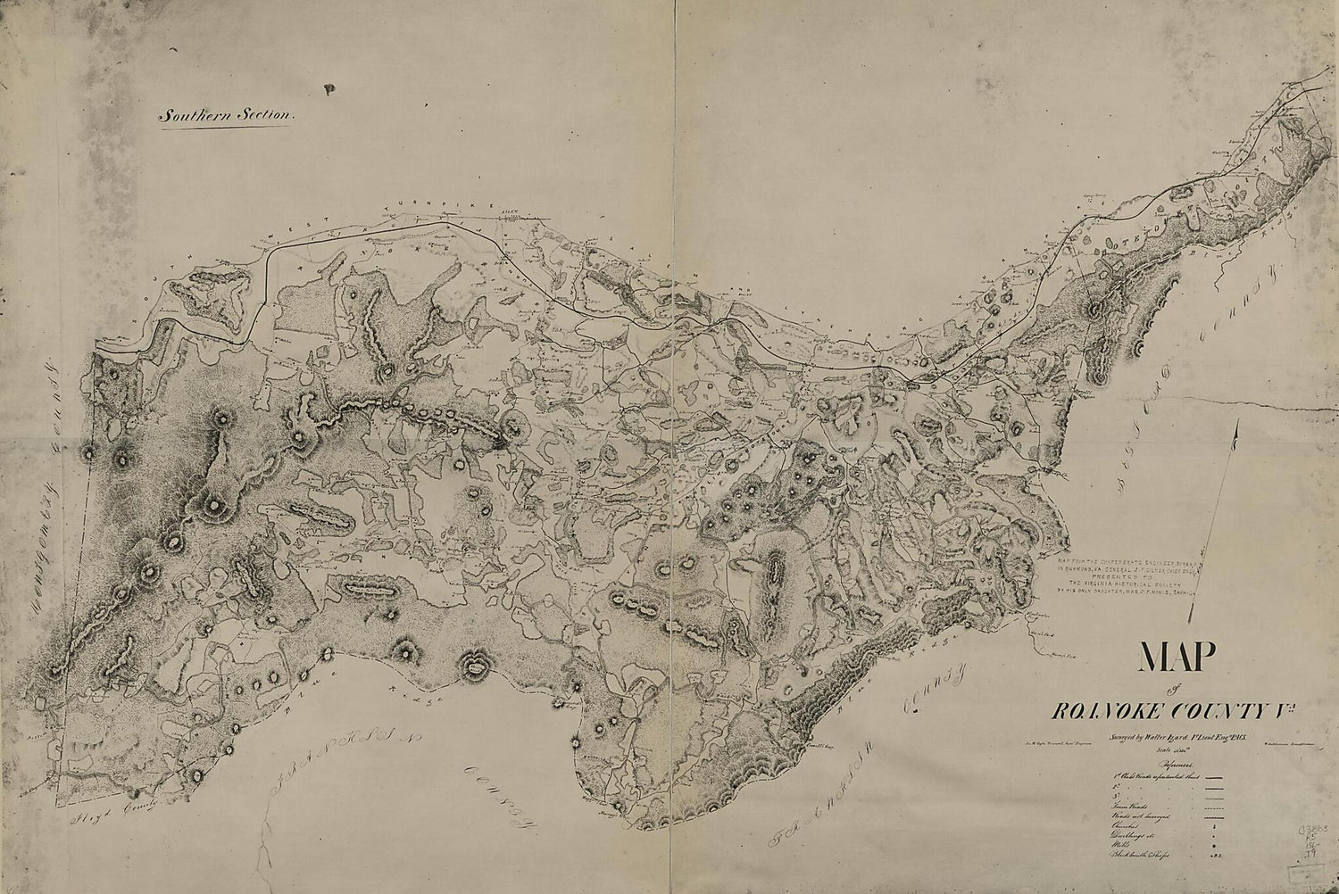 This old map of Map of Roanoke County, Va. (Map of Roanoke County, Virginia, Northern Section of Roanoke County) from 1860 was created by  Confederate States of America. Army. Department of Northern Virginia, John M. Coyle, Jeremy Francis Gilmer, W. Hutc