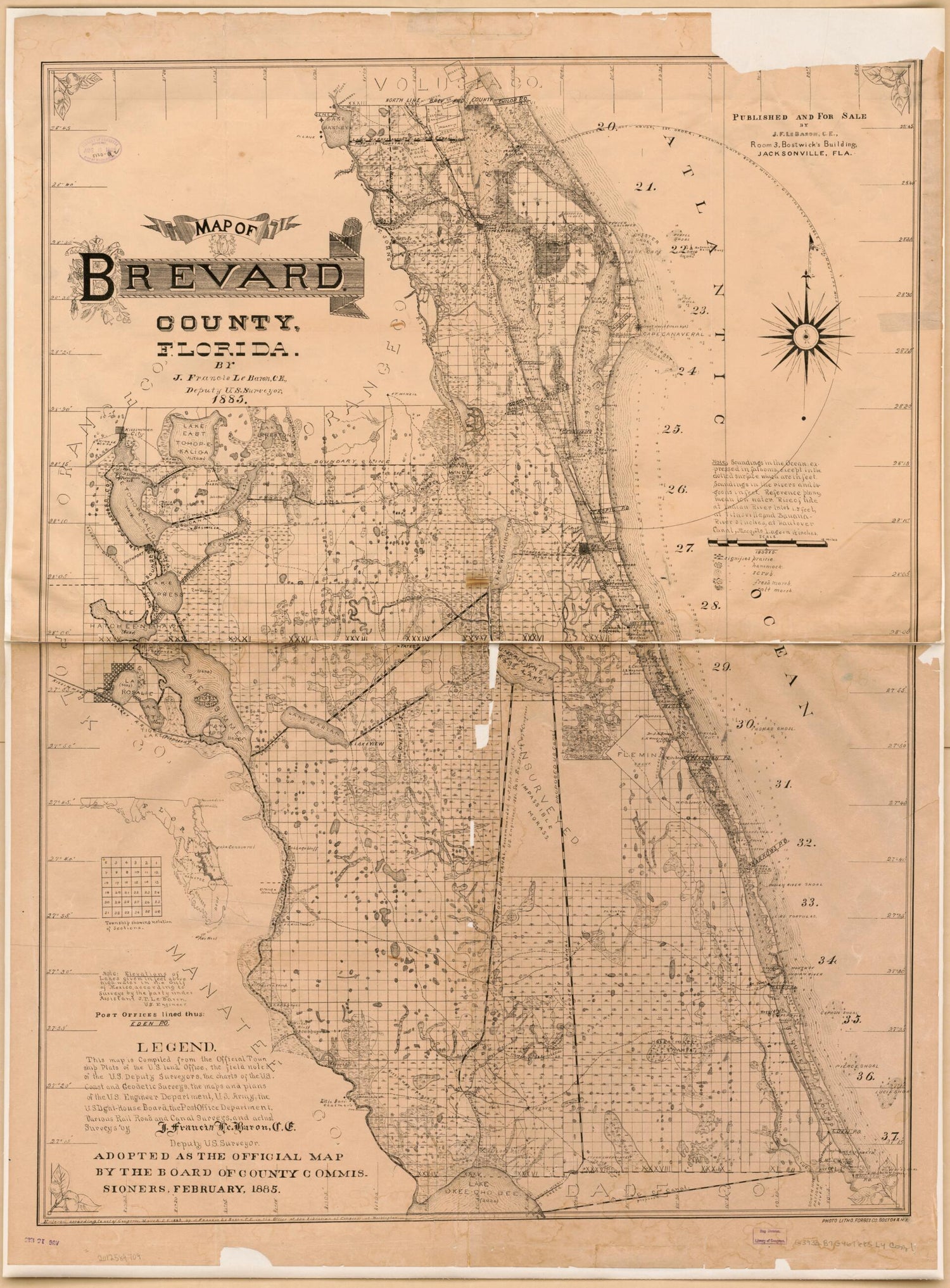 This old map of Map of Brevard County, Florida from 1885 was created by  Forbes Lithograph Manufacturing Company, J. Francis Le Baron in 1885