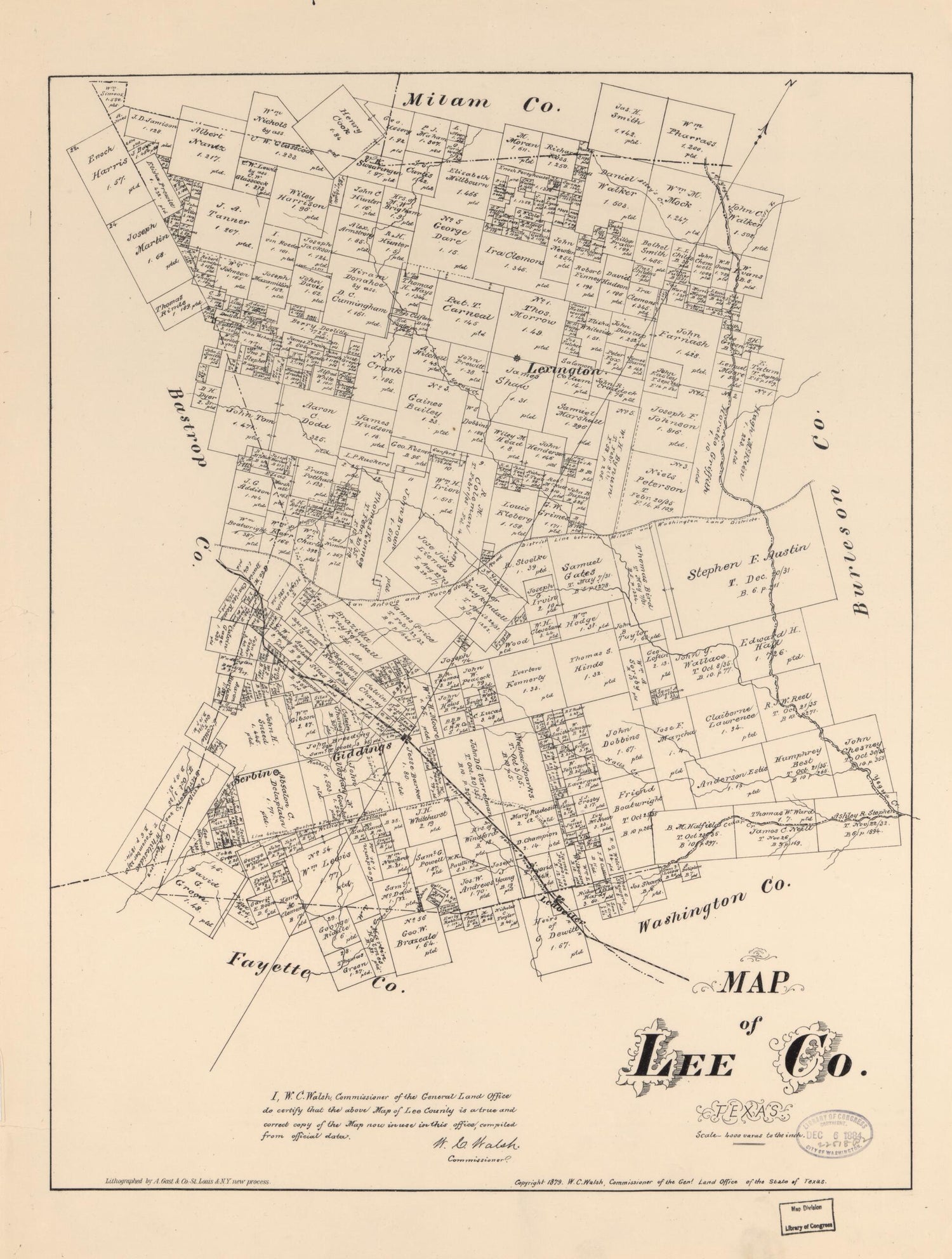 This old map of Map of Lee Co., Texas. (Map of Lee County, Texas) from 1879 was created by  August Gast &amp; Co,  Texas. General Land Office, W. C. (William C.) Walsh in 1879