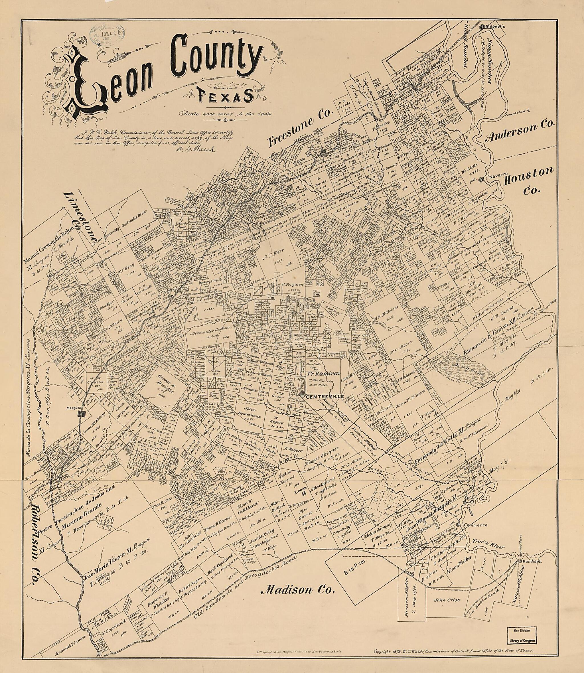 This old map of Leon County, Texas from 1879 was created by  August Gast &amp; Co,  Texas. General Land Office, W. C. (William C.) Walsh in 1879