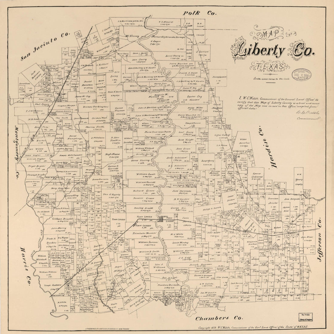 This old map of Map of Liberty Co., Texas. (Map of Liberty County, Texas) from 1879 was created by  August Gast &amp; Co,  Texas. General Land Office, W. C. (William C.) Walsh in 1879