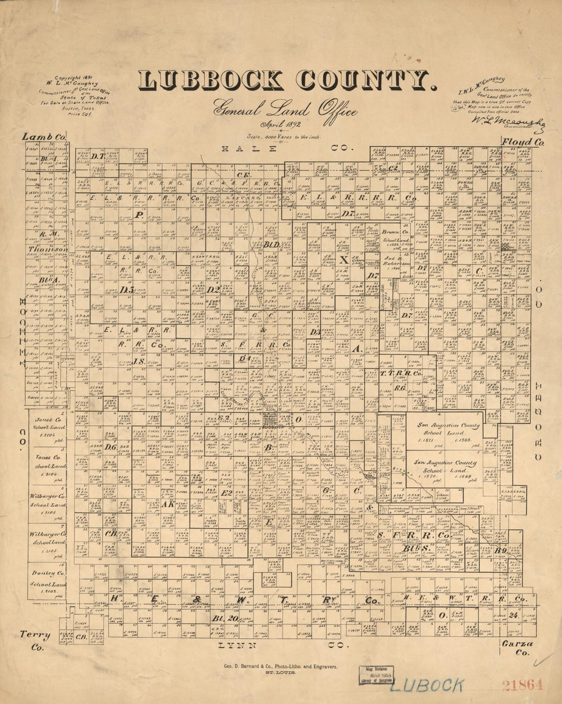 This old map of Lubbock County from 1892 was created by W. L. McGaughey,  Texas. General Land Office in 1892