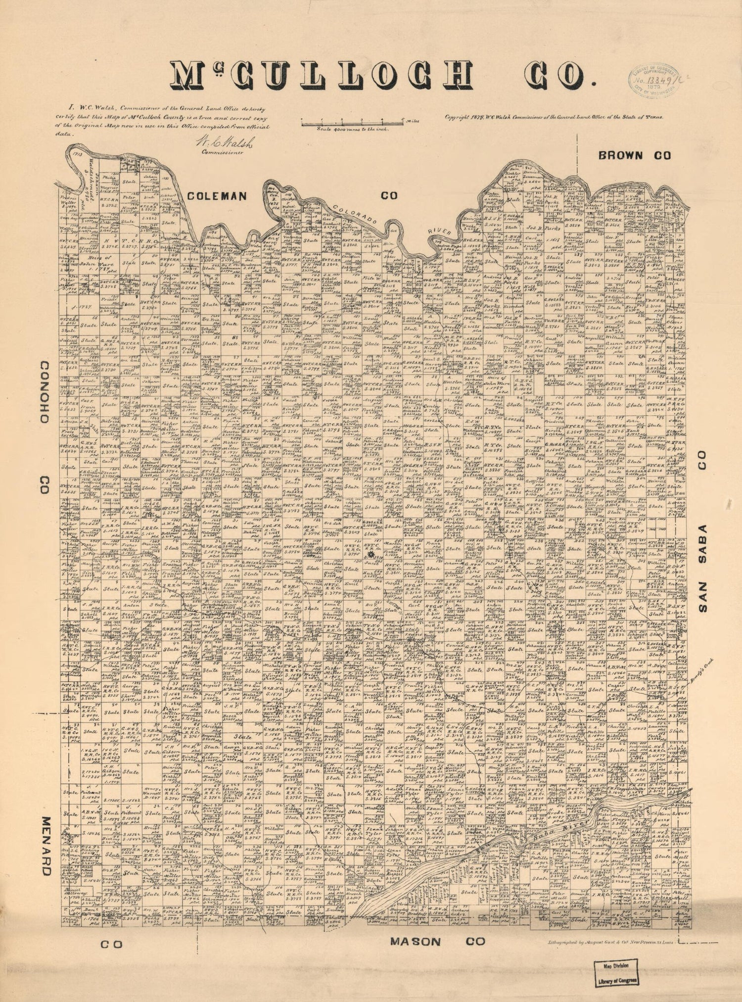 This old map of McCulloch Co., Texas. (McCulloch County, Texas) from 1879 was created by  August Gast &amp; Co,  Texas. General Land Office, W. C. (William C.) Walsh in 1879