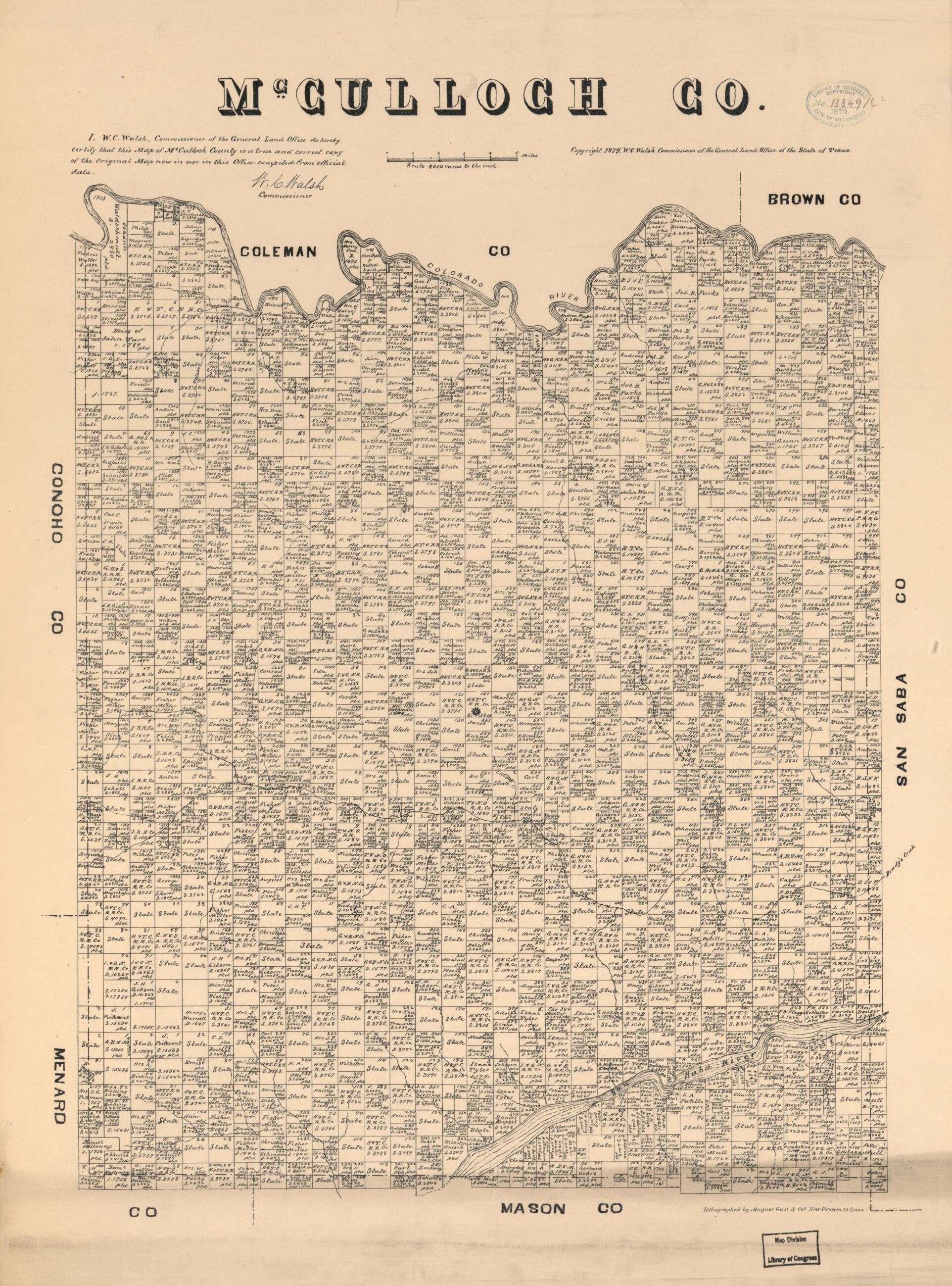 This old map of McCulloch Co., Texas. (McCulloch County, Texas) from 1879 was created by  August Gast &amp; Co,  Texas. General Land Office, W. C. (William C.) Walsh in 1879