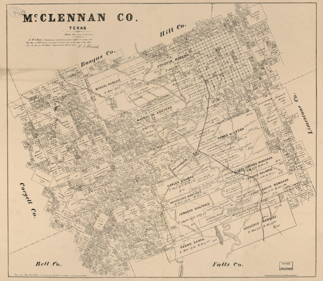 This old map of McClennan sic Co., Texas. (McLennan County, Texas) from 1880 was created by  August Gast &amp; Co,  Texas. General Land Office, W. C. (William C.) Walsh in 1880