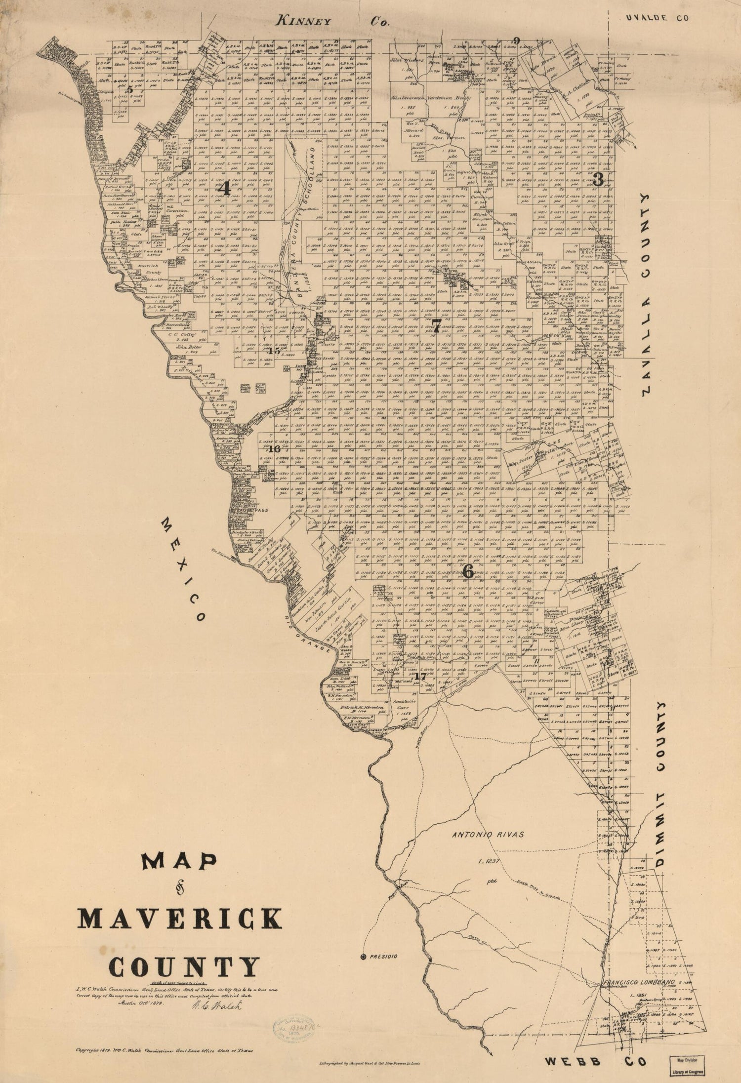 This old map of Map of Maverick County from 1879 was created by  August Gast &amp; Co,  Texas. General Land Office, W. C. (William C.) Walsh in 1879