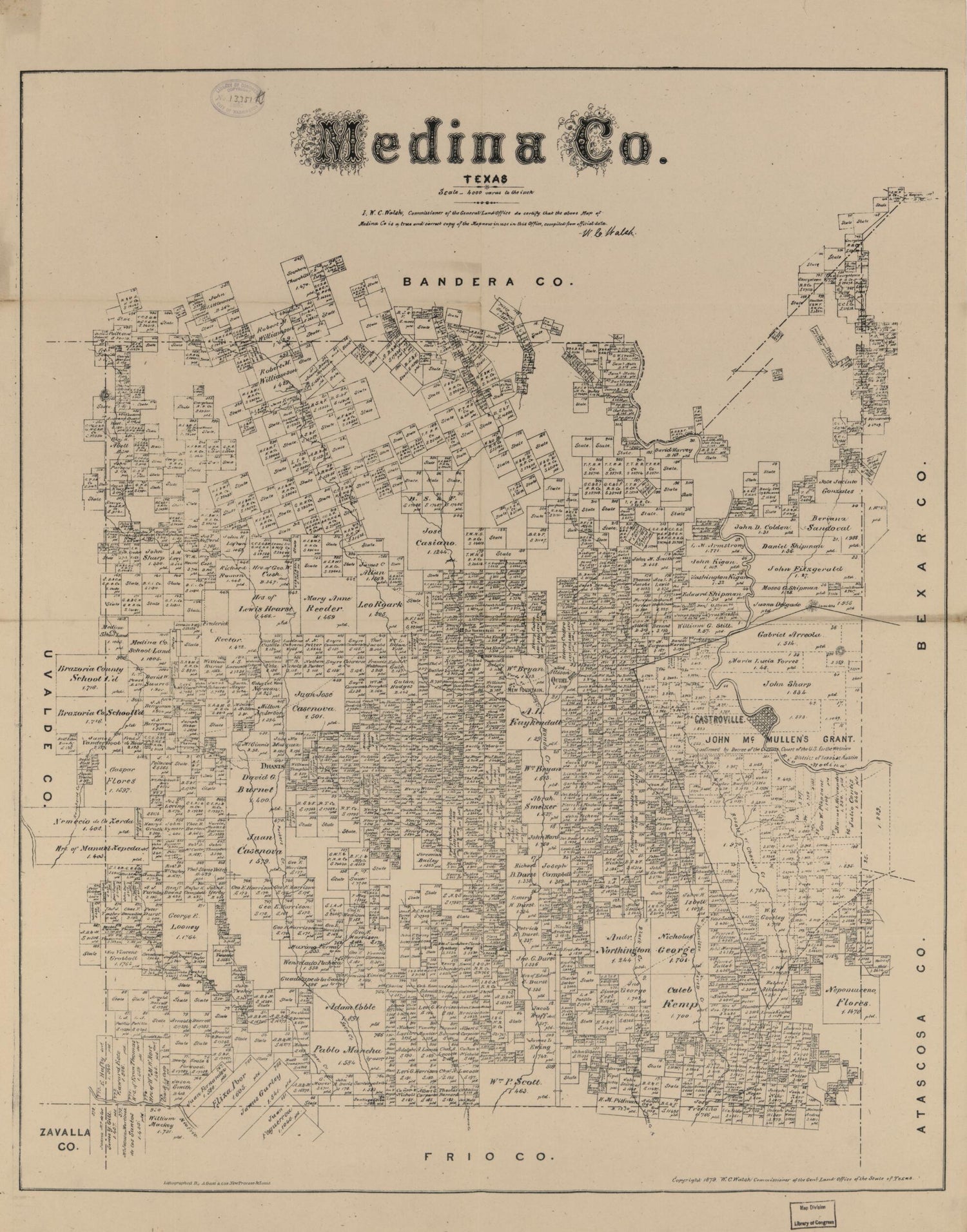 This old map of Medina Co., Texas. (Medina County, Texas) from 1879 was created by  August Gast &amp; Co, W. C. (William C.) Walsh in 1879