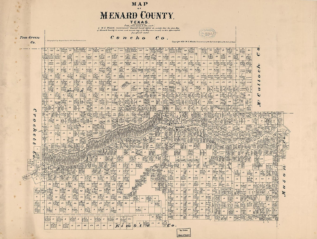 This old map of Map of Menard County, Texas from 1879 was created by  August Gast &amp; Co,  Texas. General Land Office, W. C. (William C.) Walsh in 1879