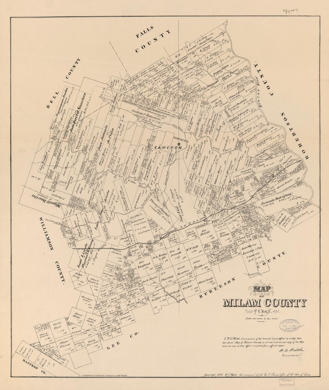 This old map of Map of Milam County, Texas from 1879 was created by  August Gast &amp; Co,  Texas. General Land Office, W. C. (William C.) Walsh in 1879