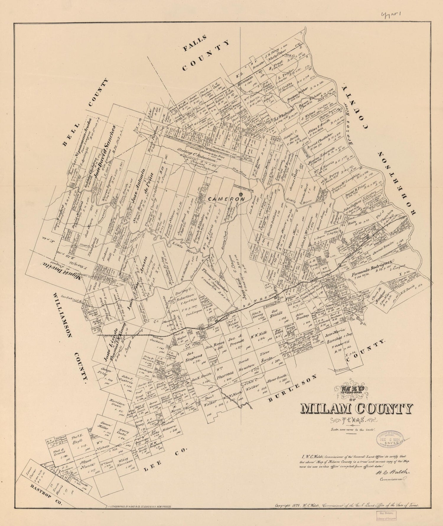 This old map of Map of Milam County, Texas from 1879 was created by  August Gast &amp; Co,  Texas. General Land Office, W. C. (William C.) Walsh in 1879