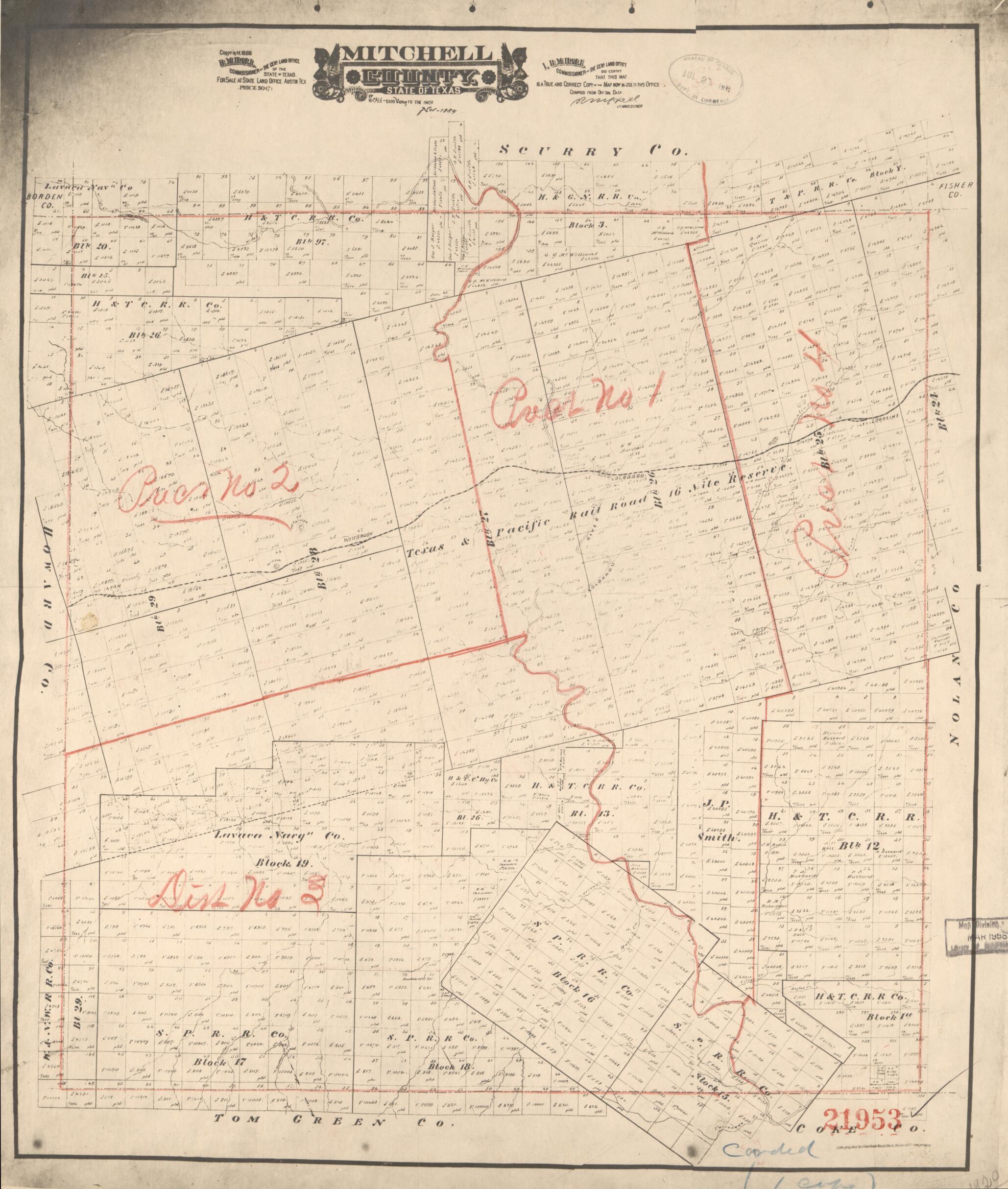 This old map of Mitchell County, State of Texas from 1889 was created by  August Gast &amp; Co, R. M. Hall,  Texas. General Land Office in 1889