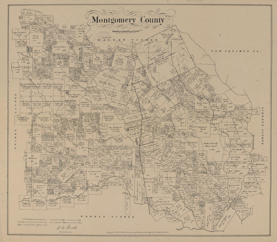 This old map of Montgomery County from 1880 was created by  August Gast &amp; Co,  Texas. General Land Office, W. C. (William C.) Walsh in 1880