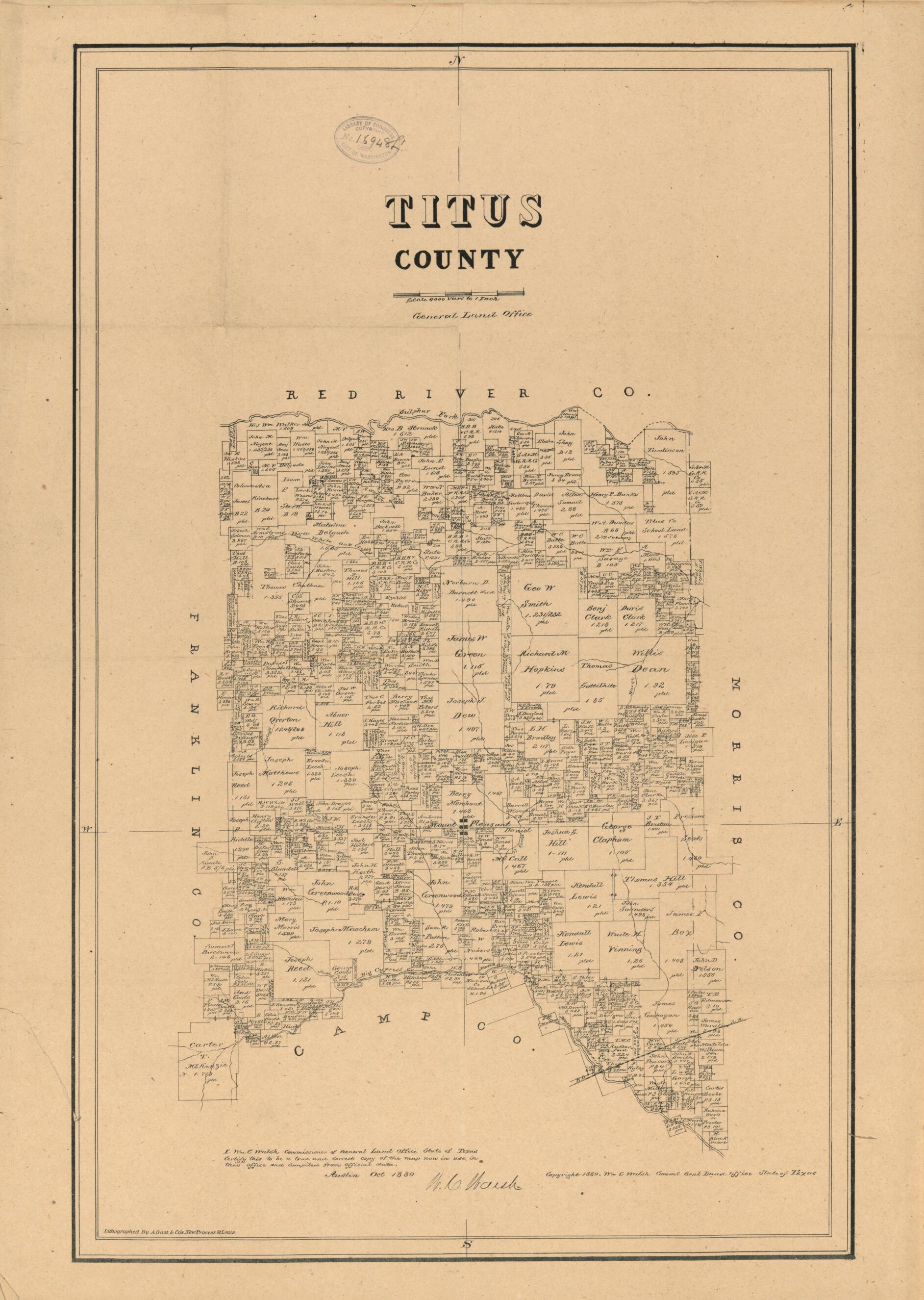 This old map of Titus County, Texas from 1880 was created by  August Gast &amp; Co,  Texas. General Land Office, W. C. (William C.) Walsh in 1880