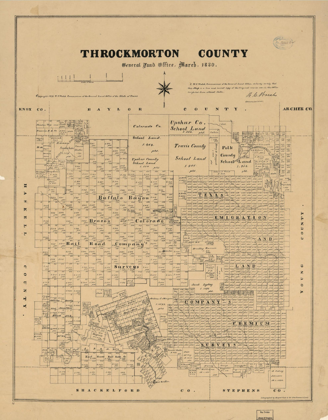 This old map of Throckmorton County from 1880 was created by  August Gast &amp; Co,  Texas. General Land Office, W. C. (William C.) Walsh in 1880