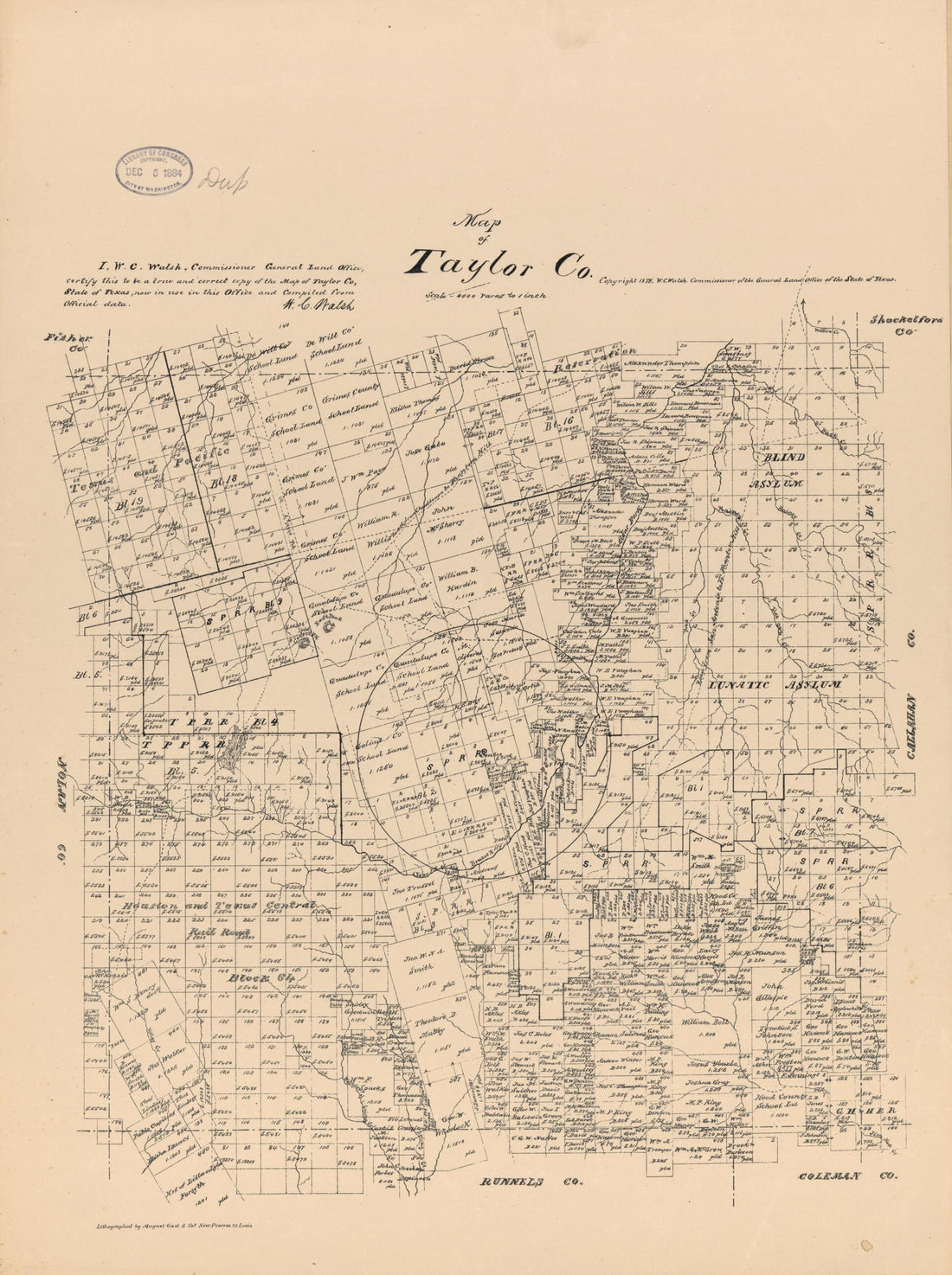 This old map of Map of Taylor Co., Texas. (Maps of Taylor County, Texas) from 1879 was created by  August Gast &amp; Co,  Texas. General Land Office, W. C. (William C.) Walsh in 1879