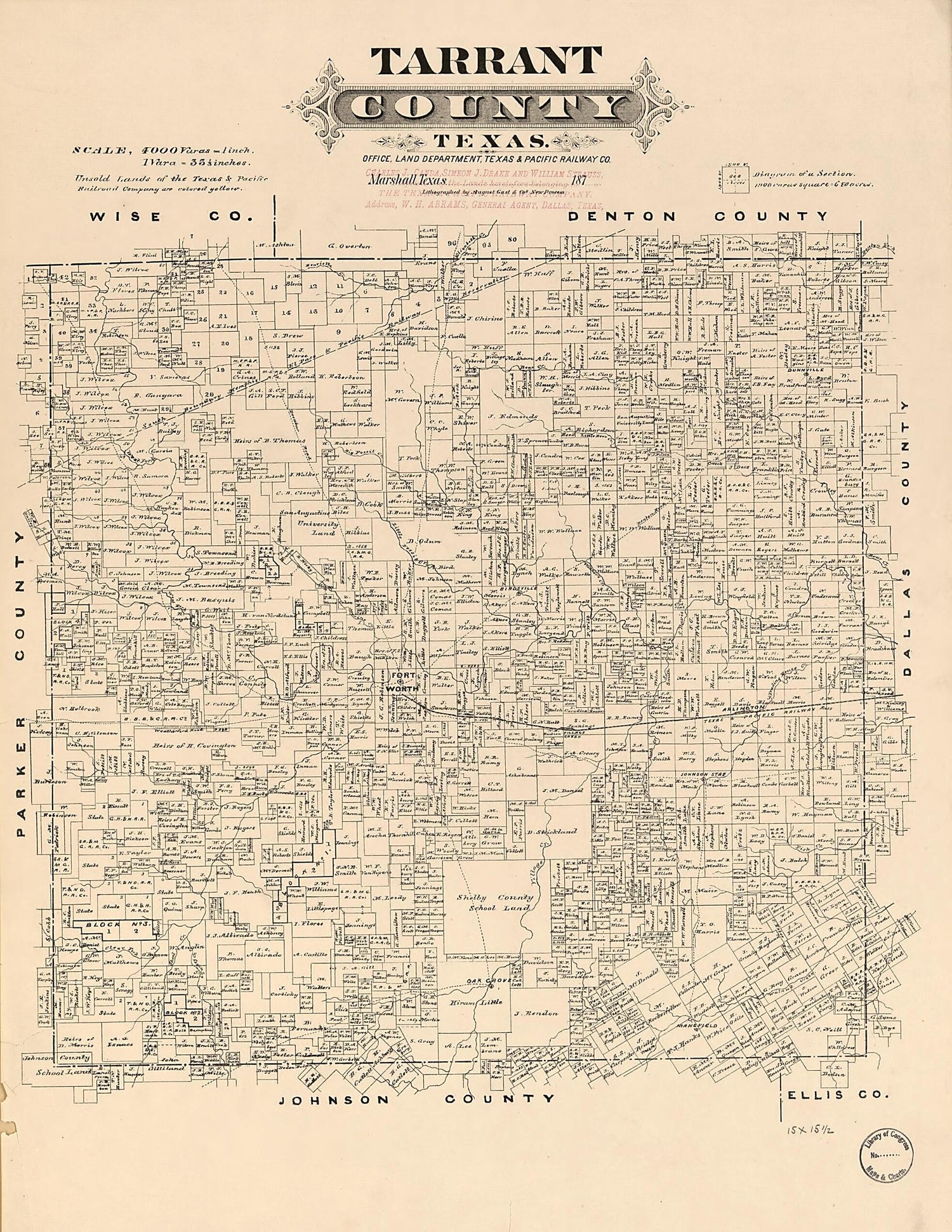 This old map of Tarrant County, Texas from 1870 was created by  August Gast &amp; Co,  Texas &amp; Pacific Railway in 1870