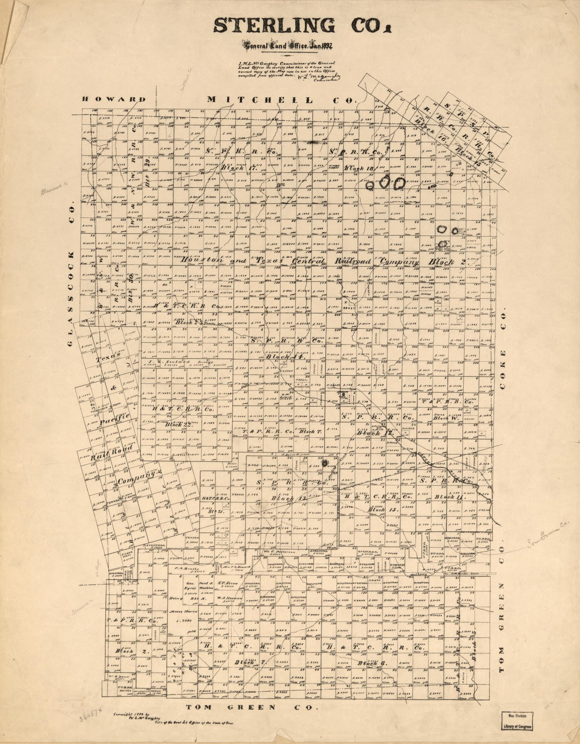 This old map of Sterling Co. (Sterling County, Texas) from 1892 was created by W. L. McGaughey,  Texas. General Land Office in 1892