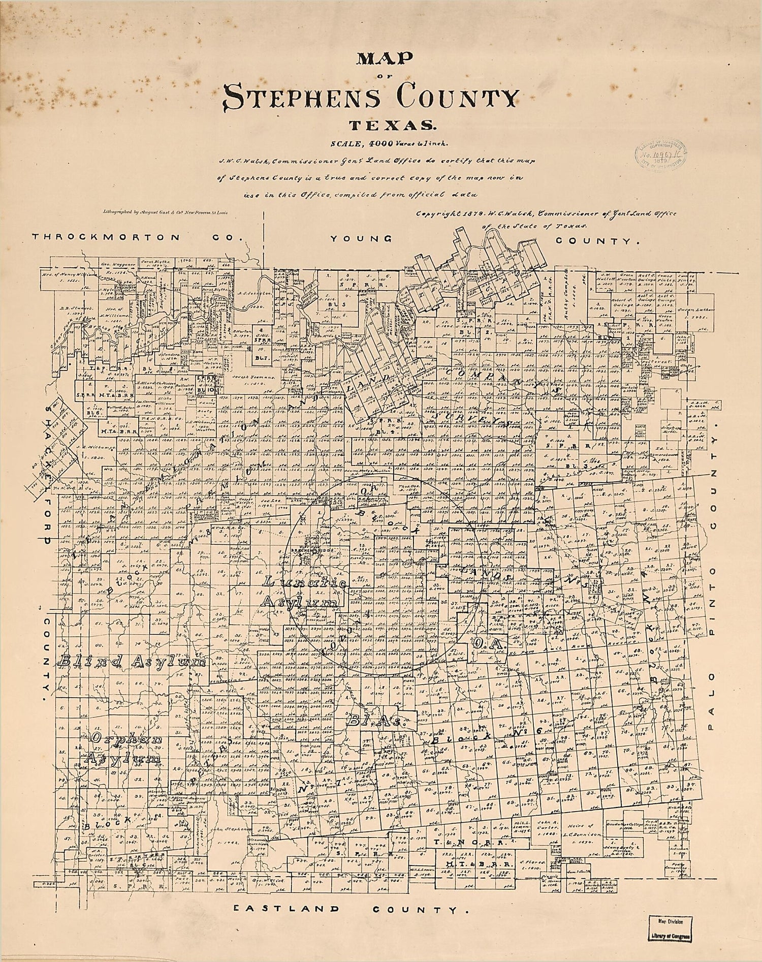 This old map of Map of Stephens County, Texas from 1879 was created by  August Gast &amp; Co,  Texas. General Land Office, W. C. (William C.) Walsh in 1879