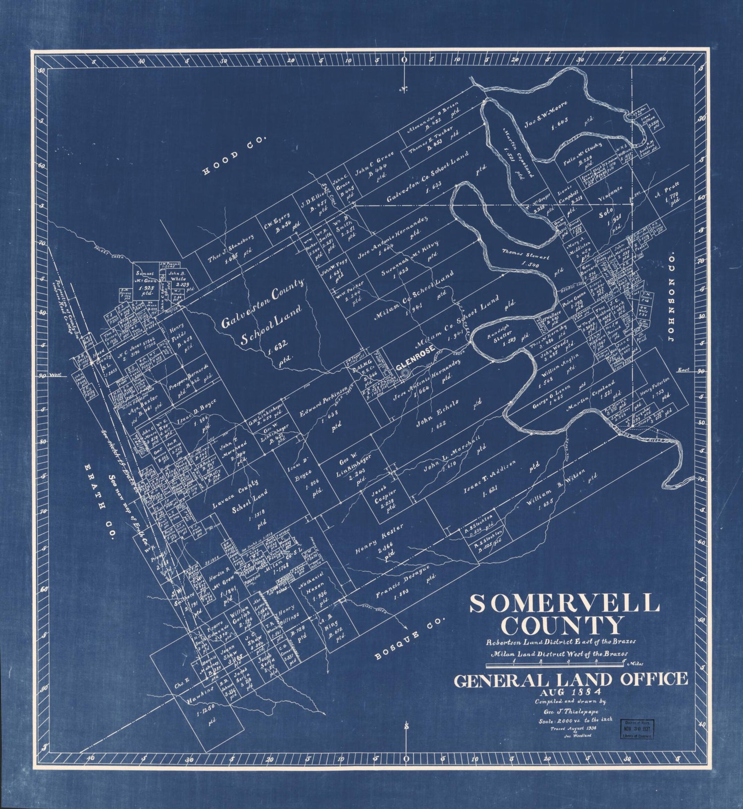 This old map of Somervell County : Robertson Land District East of the Brazos, Milam Land District West of the Brazos from 1884 was created by  Texas. General Land Office, Geo. J. Thielepape in 1884