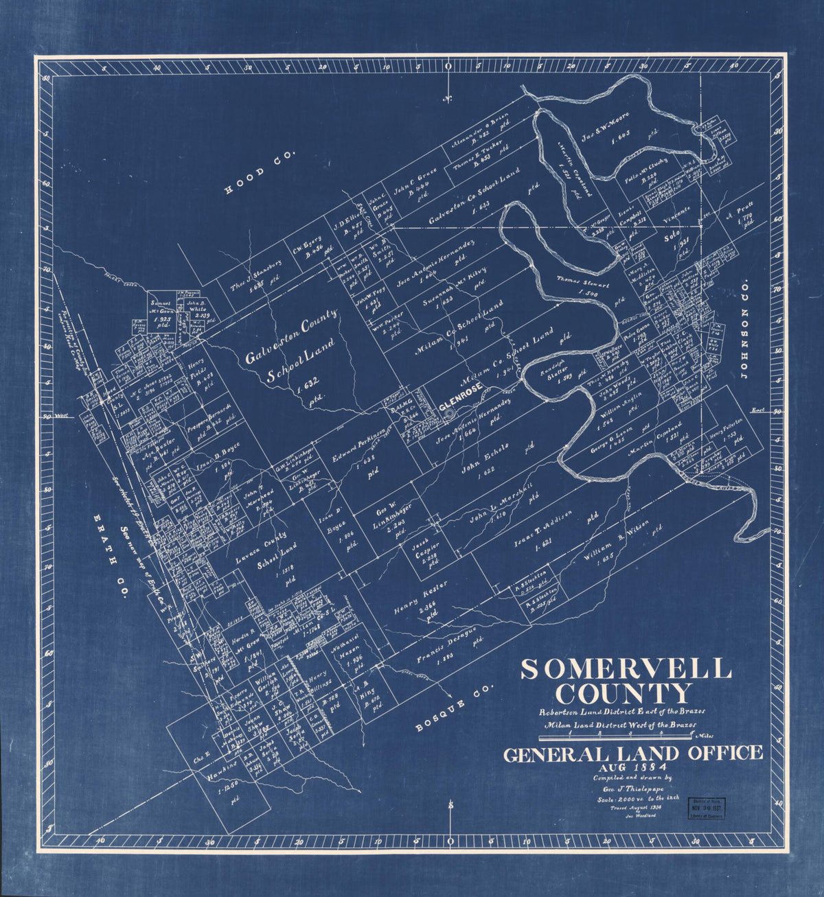 Somervell County : Robertson Land District East of the Brazos, Milam Land District West of the Brazos 1884 by Relic Map Company