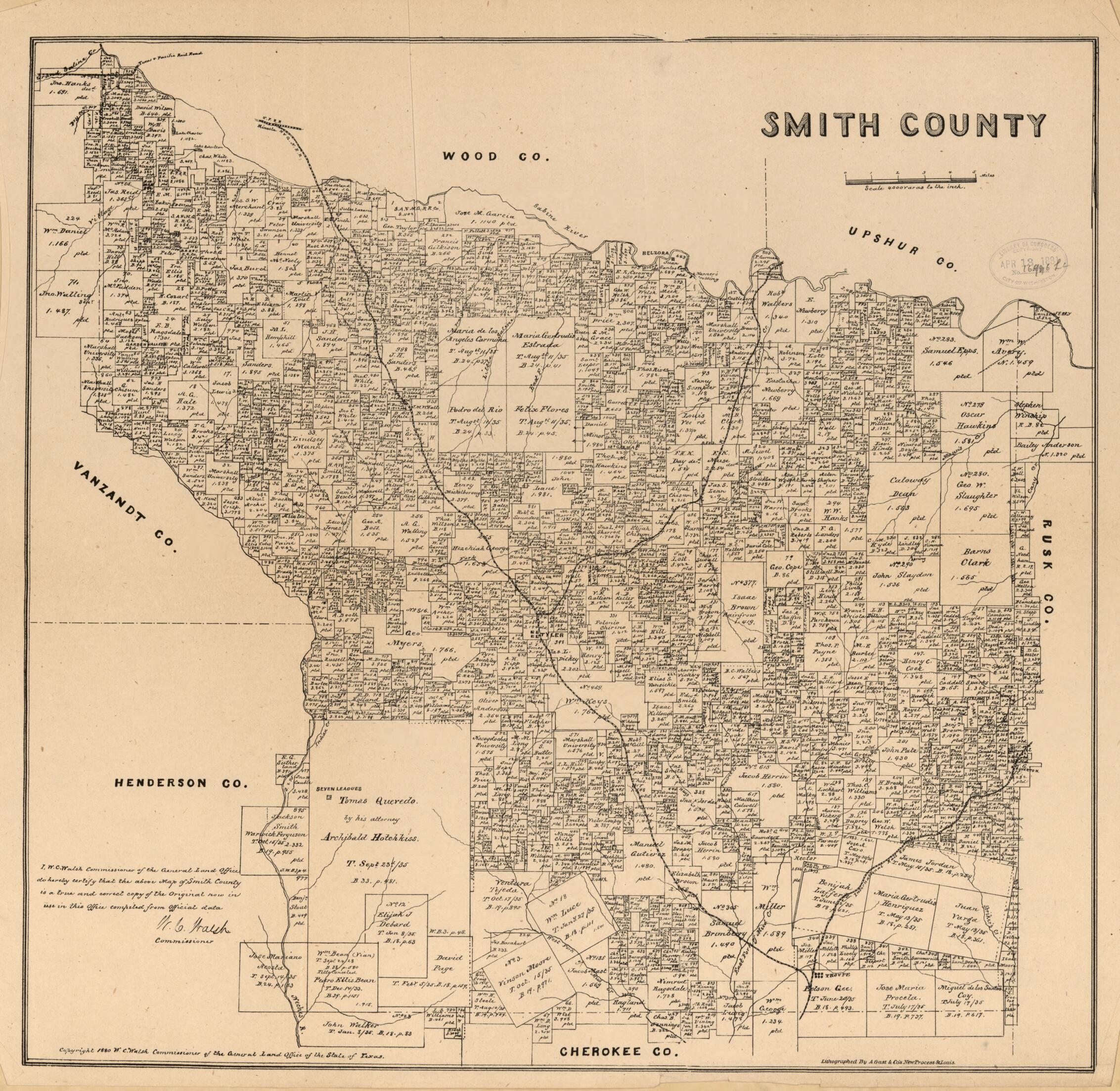 This old map of Smith County from 1880 was created by  August Gast &amp; Co,  Texas. General Land Office, W. C. (William C.) Walsh in 1880