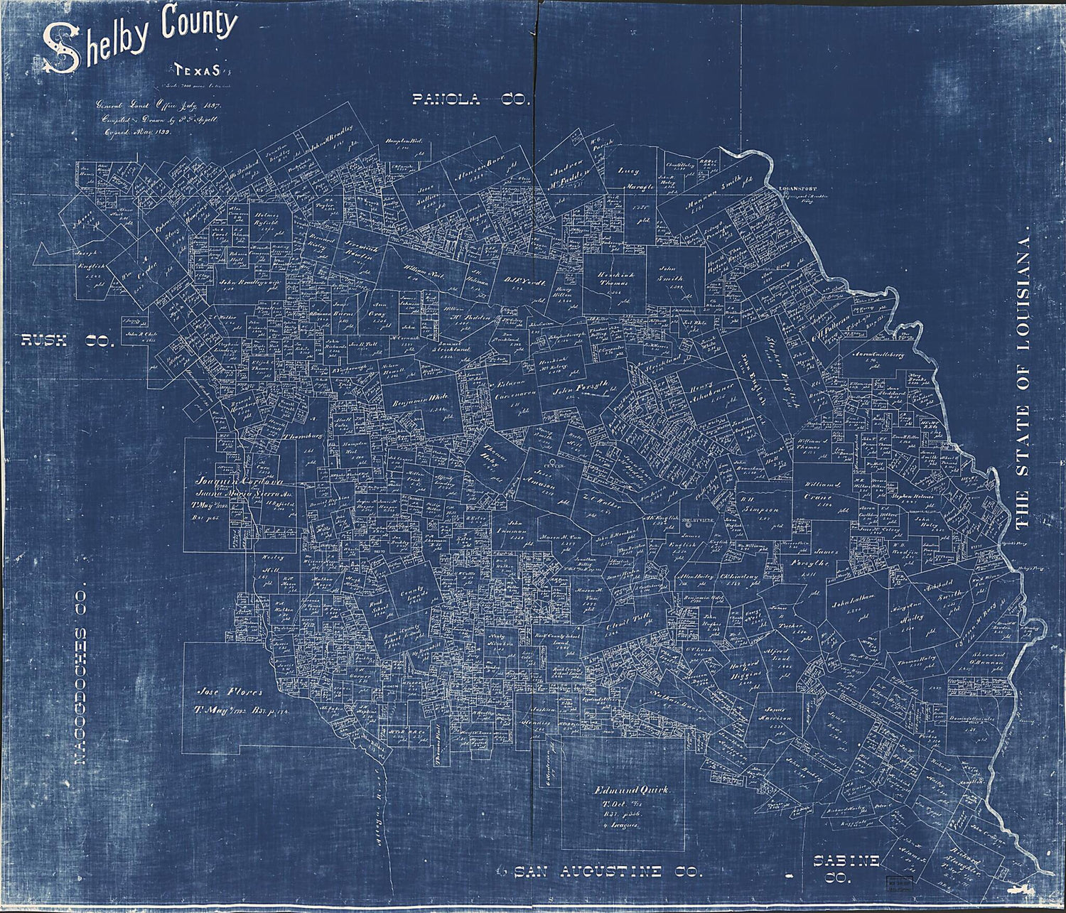 This old map of Shelby County, Texas from 1897 was created by P. F. Appell,  Texas. General Land Office in 1897