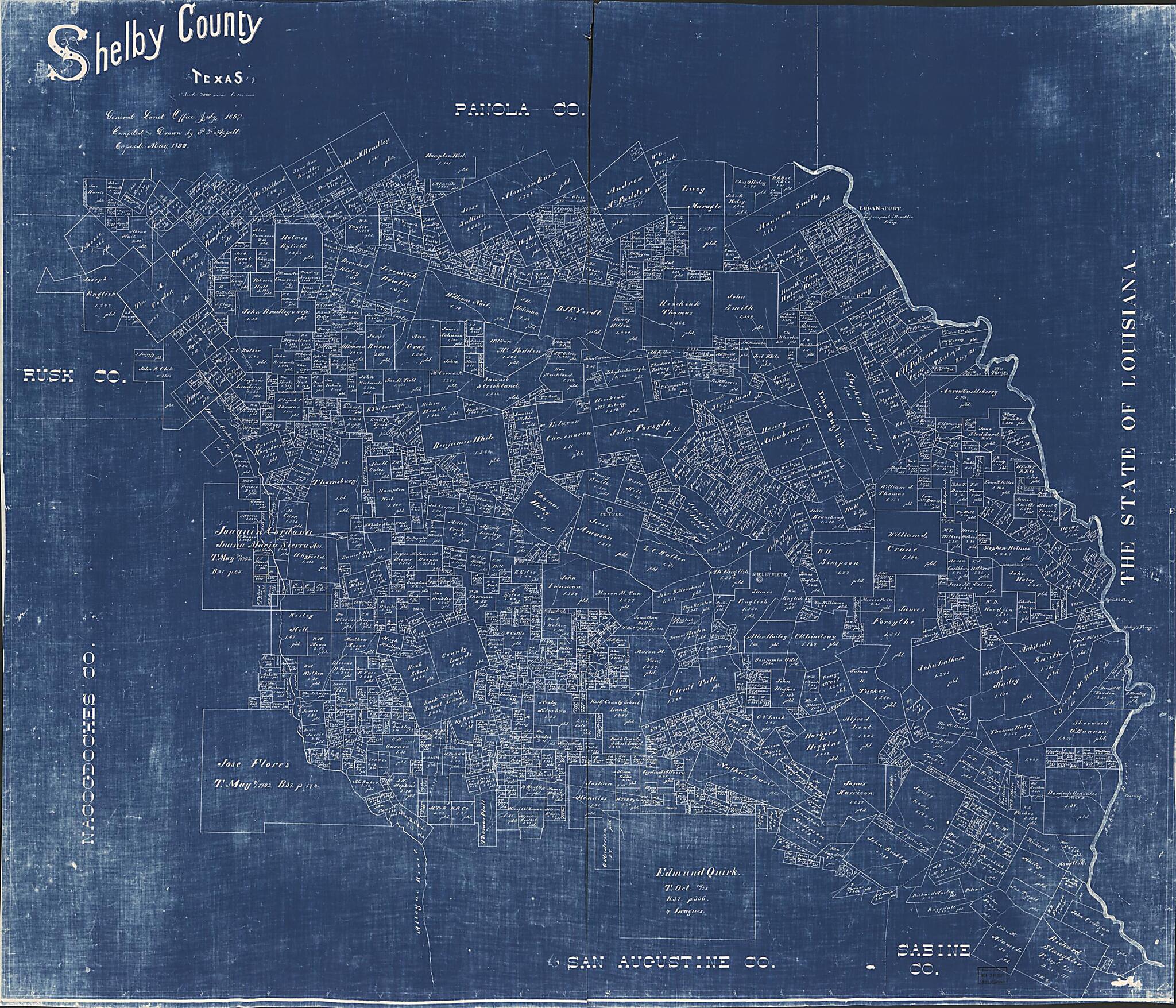 This old map of Shelby County, Texas from 1897 was created by P. F. Appell,  Texas. General Land Office in 1897