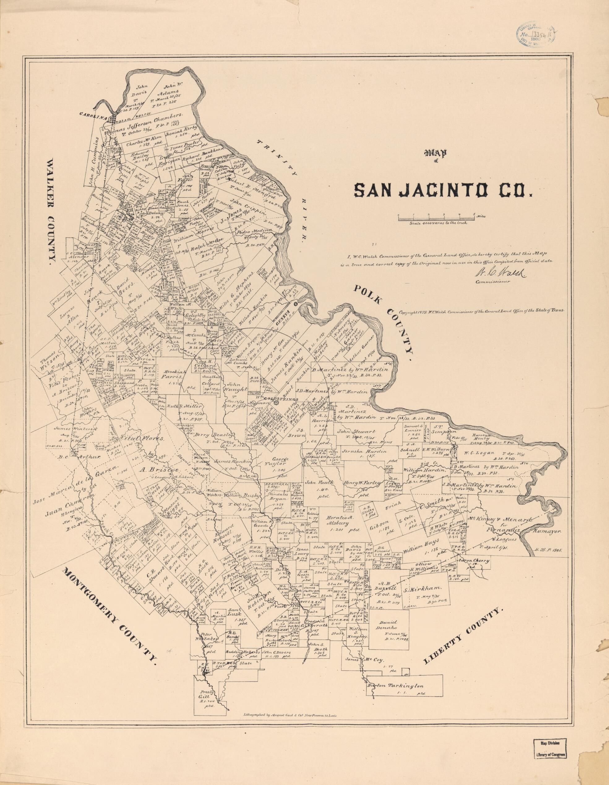 This old map of Map of San Jacinto Co. (Map of San Jacinto County, Texas) from 1879 was created by  August Gast &amp; Co,  Texas. General Land Office, W. C. (William C.) Walsh in 1879