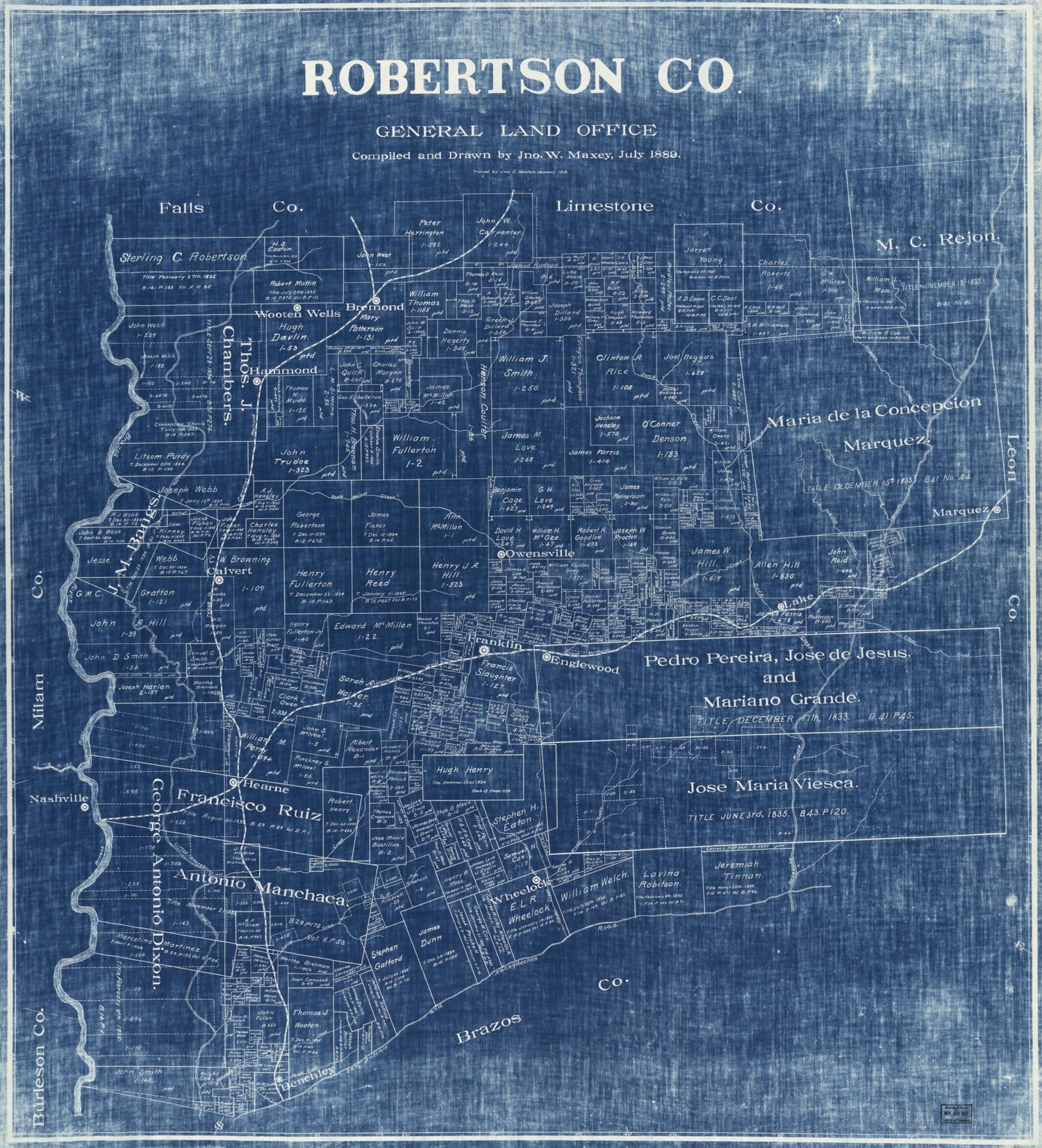 This old map of Robertson Co. (Robertson County, Texas) from 1889 was created by John W. Maxey,  Texas. General Land Office in 1889