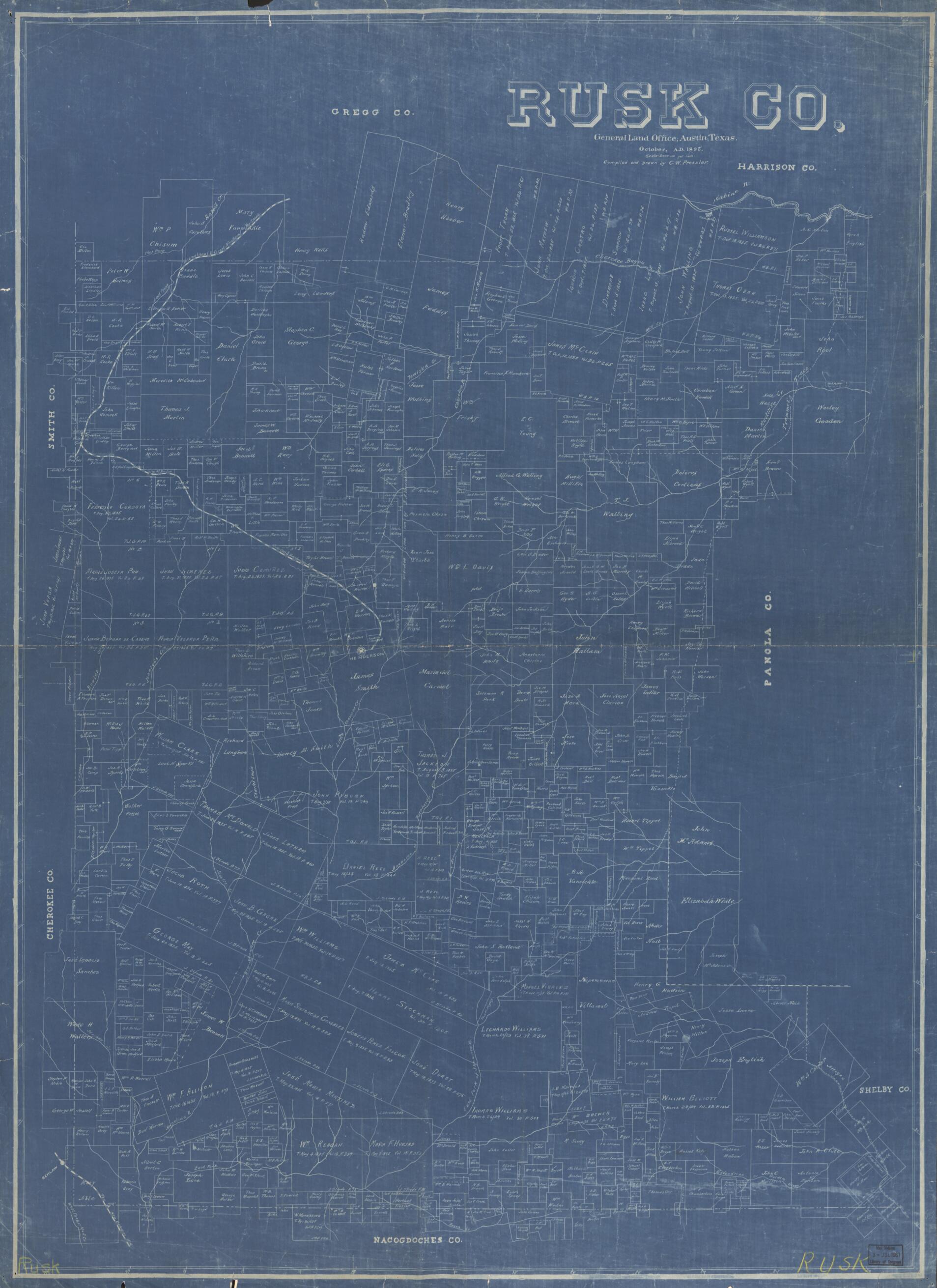 This old map of Rusk Co., Texas (Rusk County, Texas) from 1895 was created by Chas. W. Pressler,  Texas. General Land Office in 1895