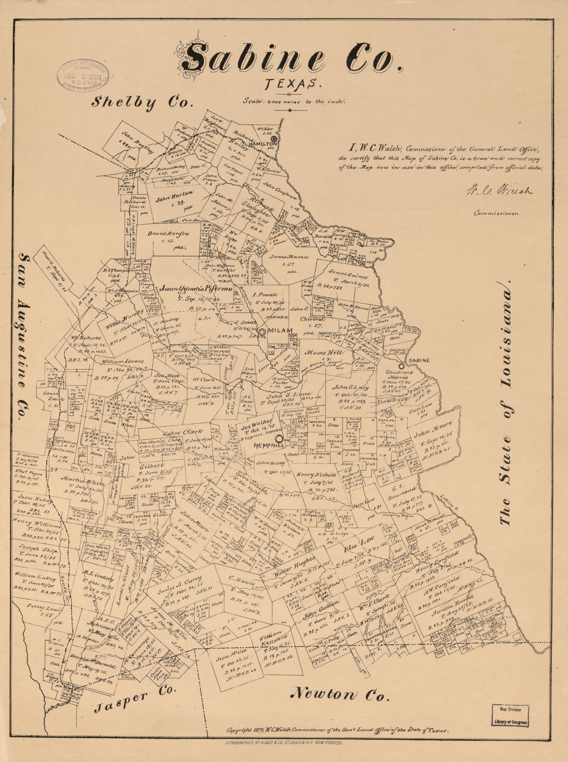 This old map of Sabine Co. Texas (Sabine County, Texas) from 1879 was created by  August Gast &amp; Co,  Texas. General Land Office, W. C. (William C.) Walsh in 1879