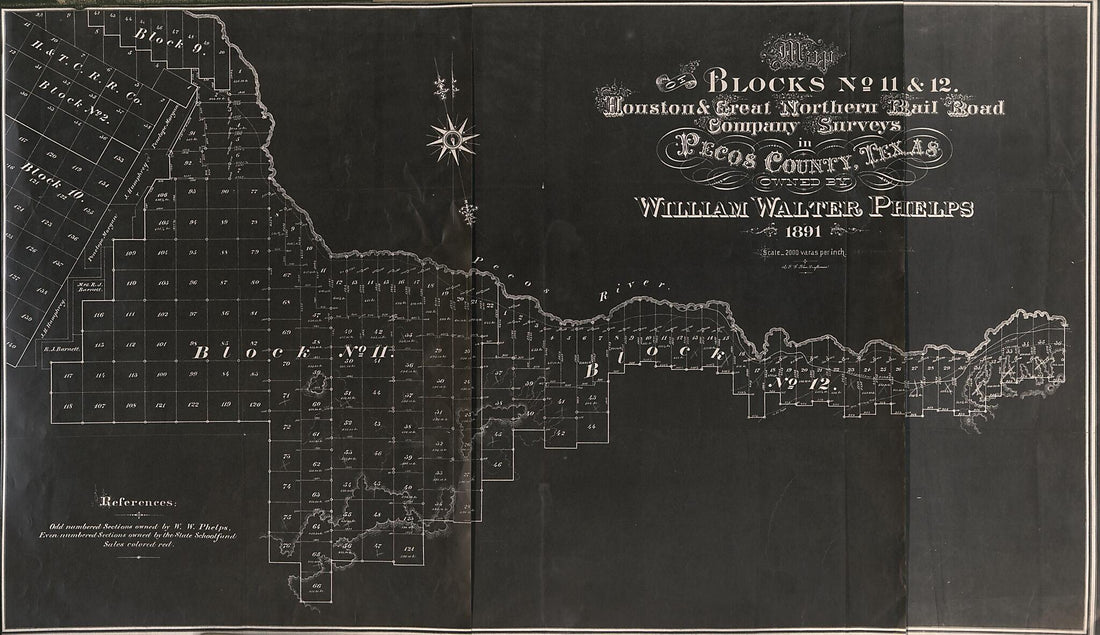 This old map of Map of Blocks No. 11 &amp; 12, Houston and Great Northern Rail Road Company Survey In Pecos County, Texas from 1891 was created by F. G. Blau, William Walter Phelps in 1891