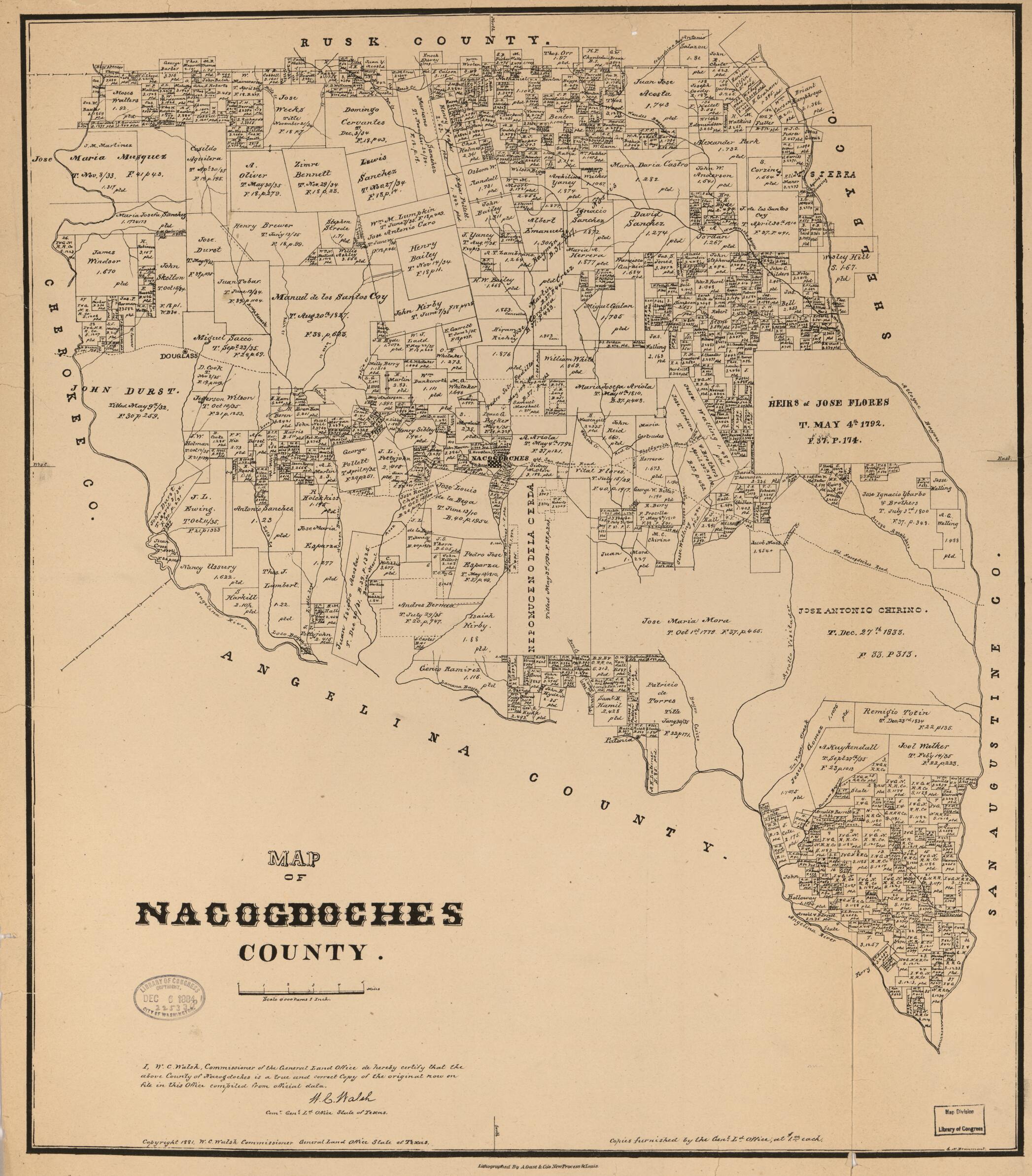 This old map of Map of Nacogdoches County from 1881 was created by  August Gast &amp; Co,  Texas. General Land Office, W. C. (William C.) Walsh in 1881