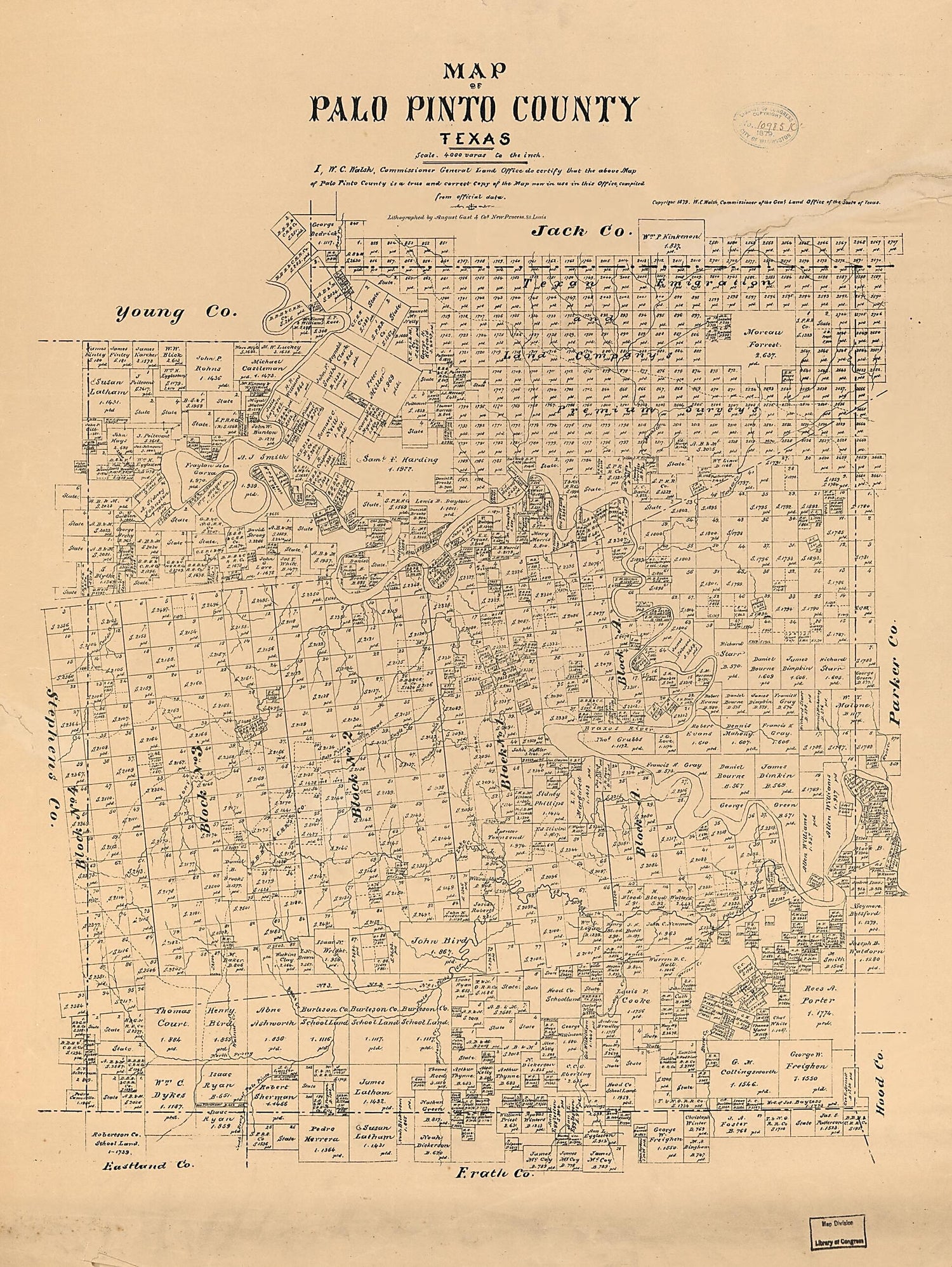 This old map of Map of Palo Pinto County, Texas from 1879 was created by  August Gast &amp; Co,  Texas. General Land Office, W. C. (William C.) Walsh in 1879