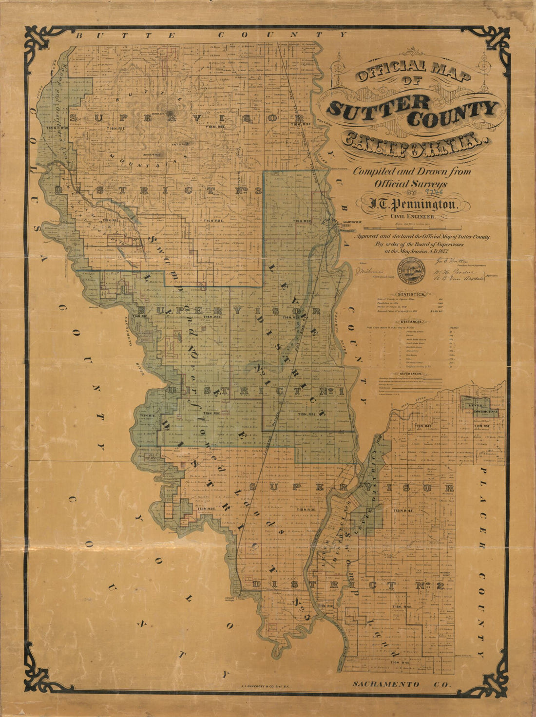 This old map of Official Map of Sutter County, California from 1873 was created by  A.L. Bancroft &amp; Company, J. T. Pennington in 1873