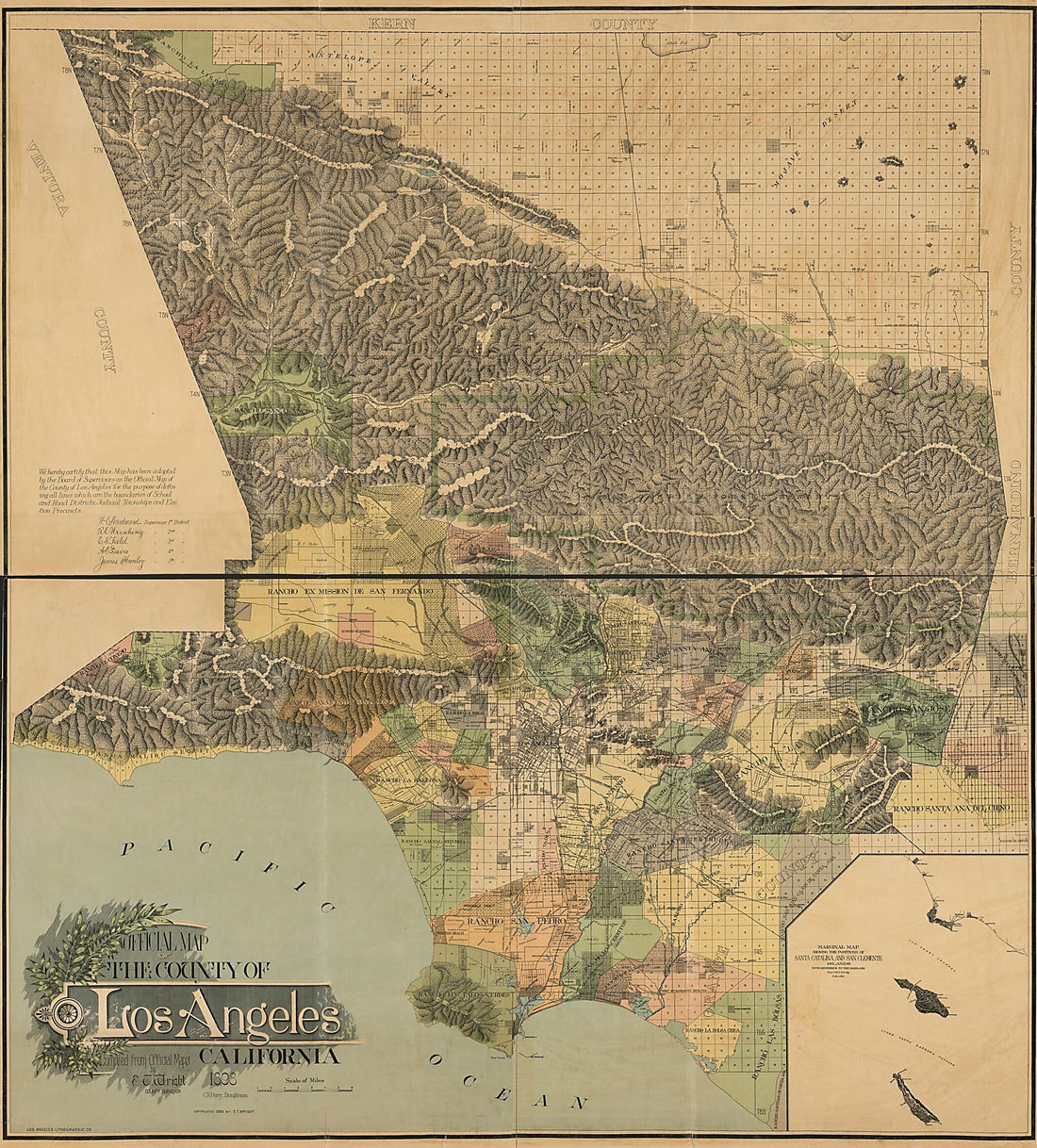 This old map of Official Map of the County of Los Angeles, California : Compiled from the Official Maps from 1898 was created by  Los Angeles Lithographic Co, C. N. Perry, E. T. (Edward T.) Wright in 1898