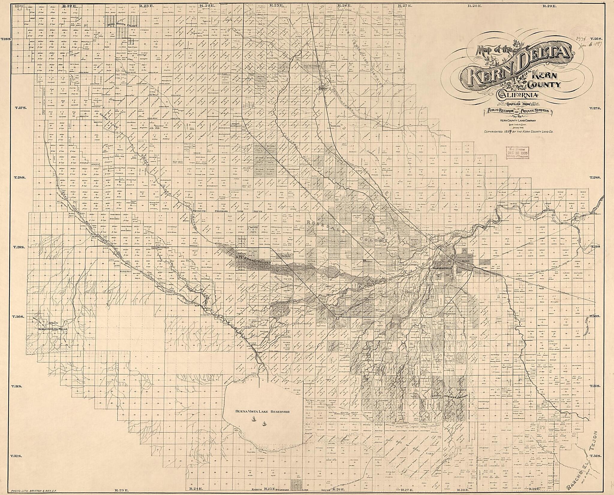 This old map of Map of the Kern Delta, Kern County, California from 1896 was created by  Britton &amp; Rey,  Kern County Land Company in 1896