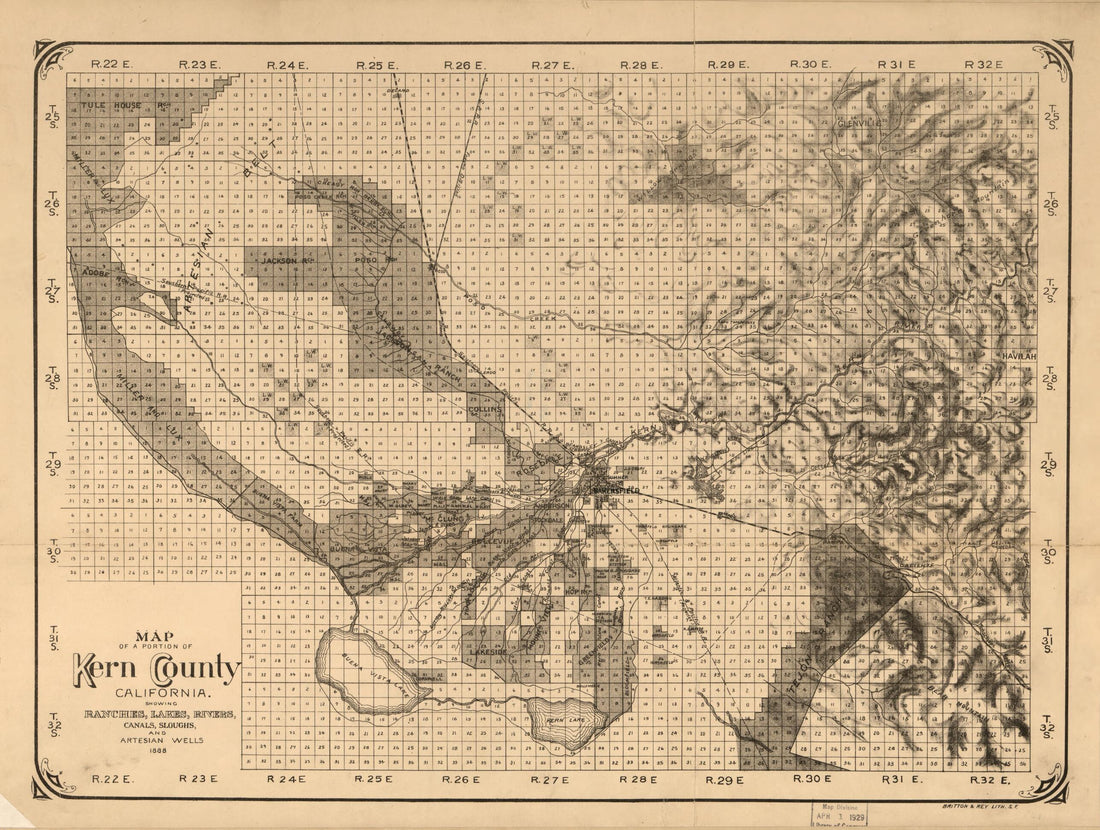 This old map of Map of a Portion of Kern County, California. : Showing Ranches, Lakes, Rivers, Canals, Sloughs, and Artesian Wells from 1888 was created by  Britton &amp; Rey in 1888
