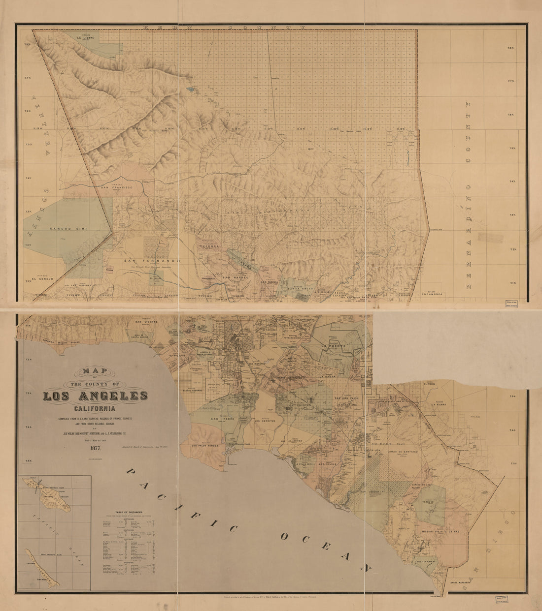 This old map of Map of the County of Los Angeles, California : Compiled from U.S. Land Surveys, Records of Private Surveys, and from Other Reliable Sources from 1877 was created by Julius Bien, A. J. Stahlberg, J. H. Wildy in 1877