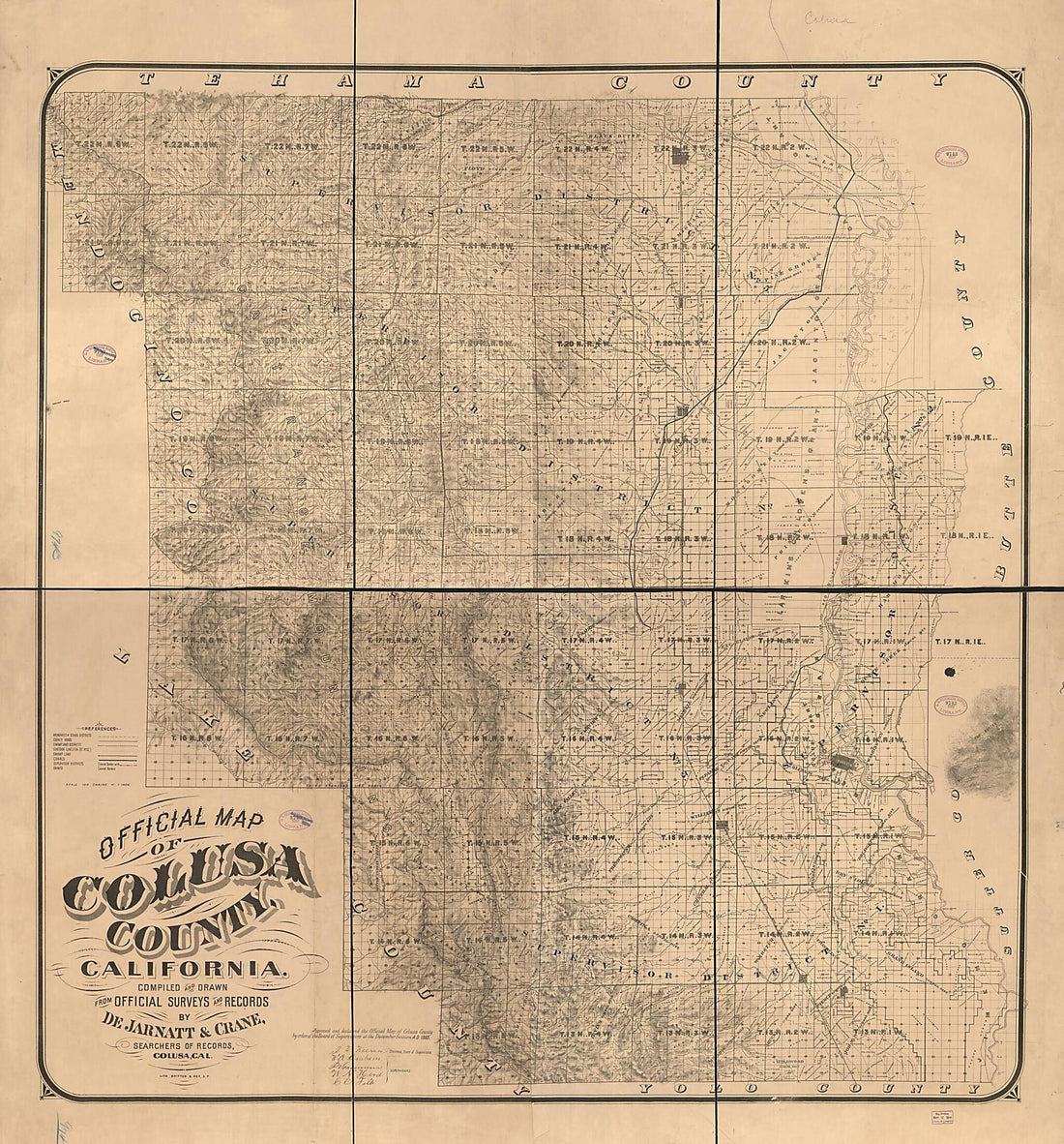 This old map of Official Map of Colusa County, California. : Compiled and Drawn from Official Surveys and Records from 1885 was created by  Britton &amp; Rey,  De Jarnatt &amp; Crane in 1885