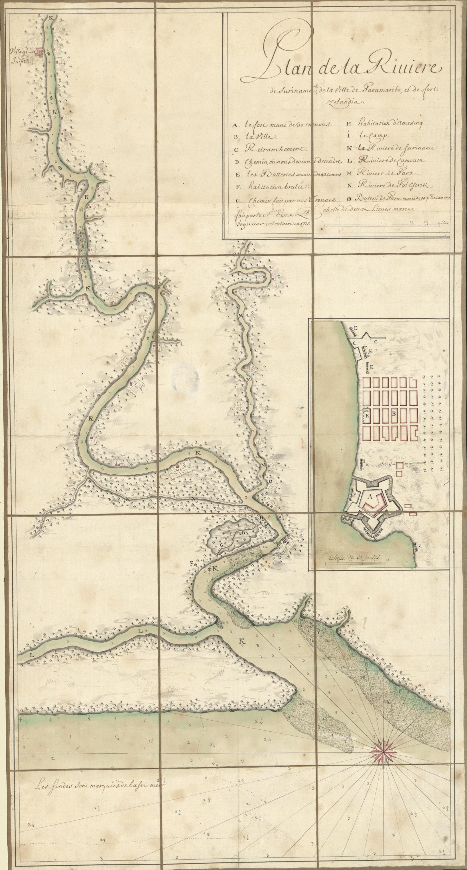 This old map of Plan De La Riuiere De Suriname, De La Ville De Paramaribo, Es De Fort Zelandia. (Carte De La Rivière.. De La Ville De Paramaribo) from 1713 was created by Charles Picquet in 1713