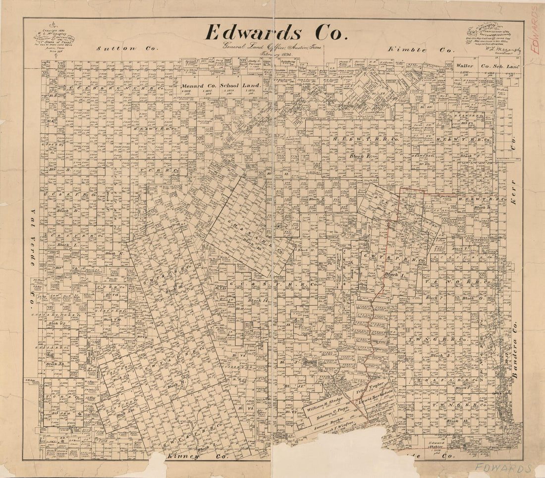 This old map of Edwards Co. (Edwards County, Texas) from 1893 was created by W. L. McGaughey,  Texas. General Land Office in 1893