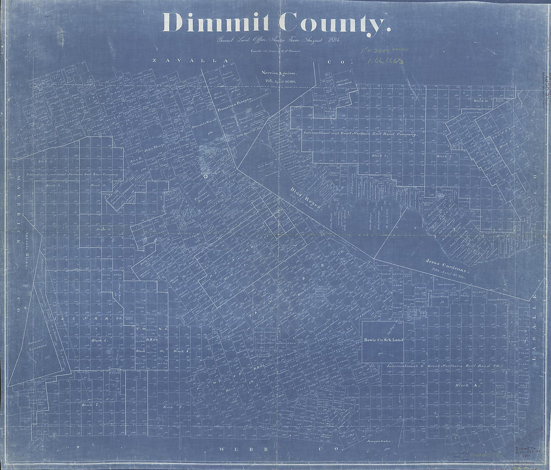 This old map of Dimmit County from 1894 was created by G. N. Beaumont,  Texas. General Land Office in 1894