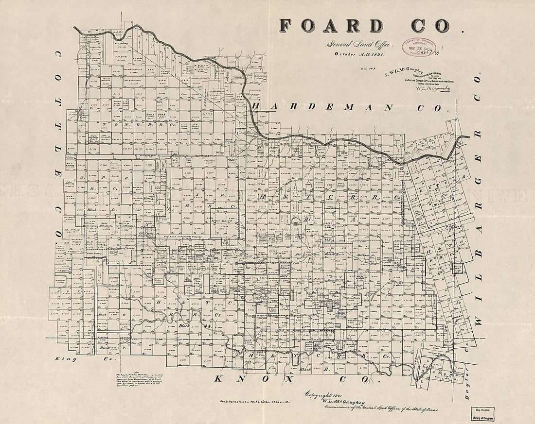 This old map of Foard County (Foard County, Texas) from 1891 was created by W. L. McGaughey,  Texas. General Land Office in 1891