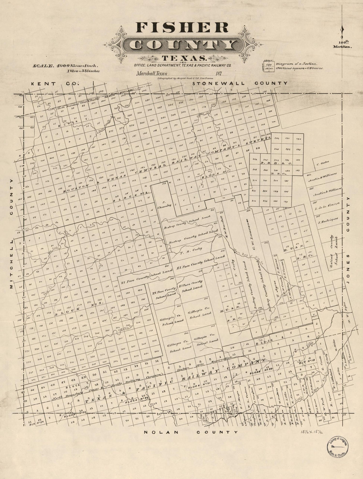 This old map of Fisher County, Texas from 1870 was created by  August Gast &amp; Co,  Texas &amp; Pacific Railway in 1870