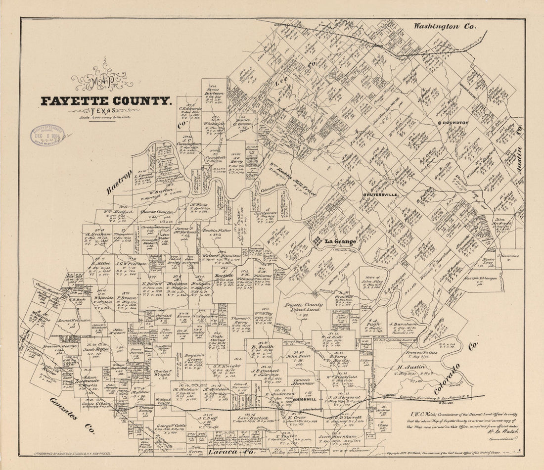 This old map of Map Fayette County, Texas from 1879 was created by  August Gast &amp; Co,  Texas. General Land Office, W. C. (William C.) Walsh in 1879