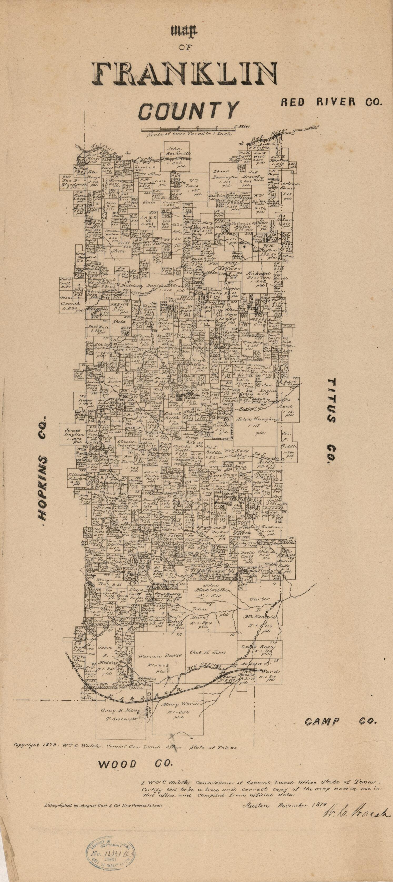 This old map of Map of Franklin County from 1879 was created by  August Gast &amp; Co,  Texas. General Land Office, W. C. (William C.) Walsh in 1879