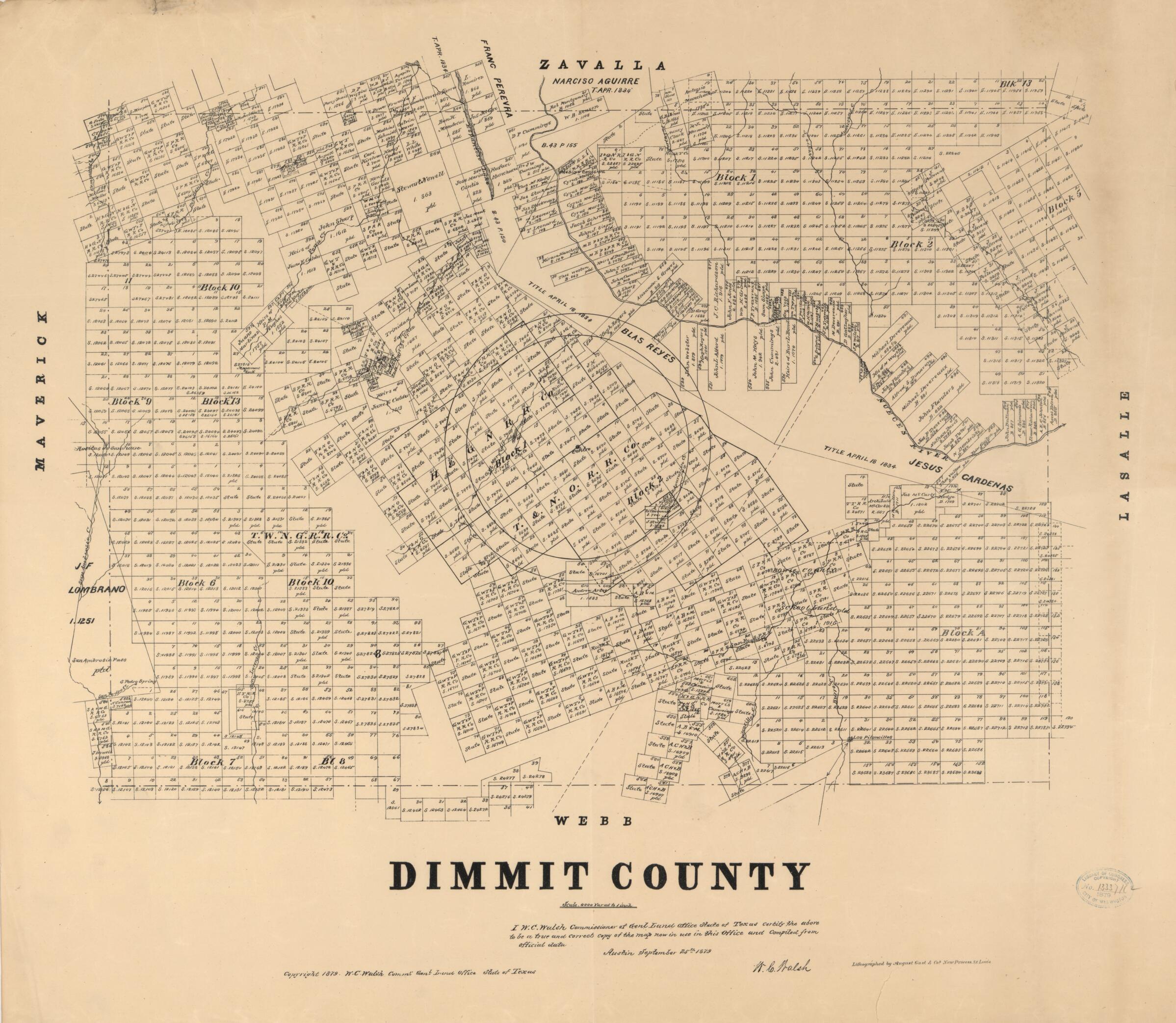 This old map of Dimmit County from 1879 was created by  August Gast &amp; Co,  Texas. General Land Office, W. C. (William C.) Walsh in 1879