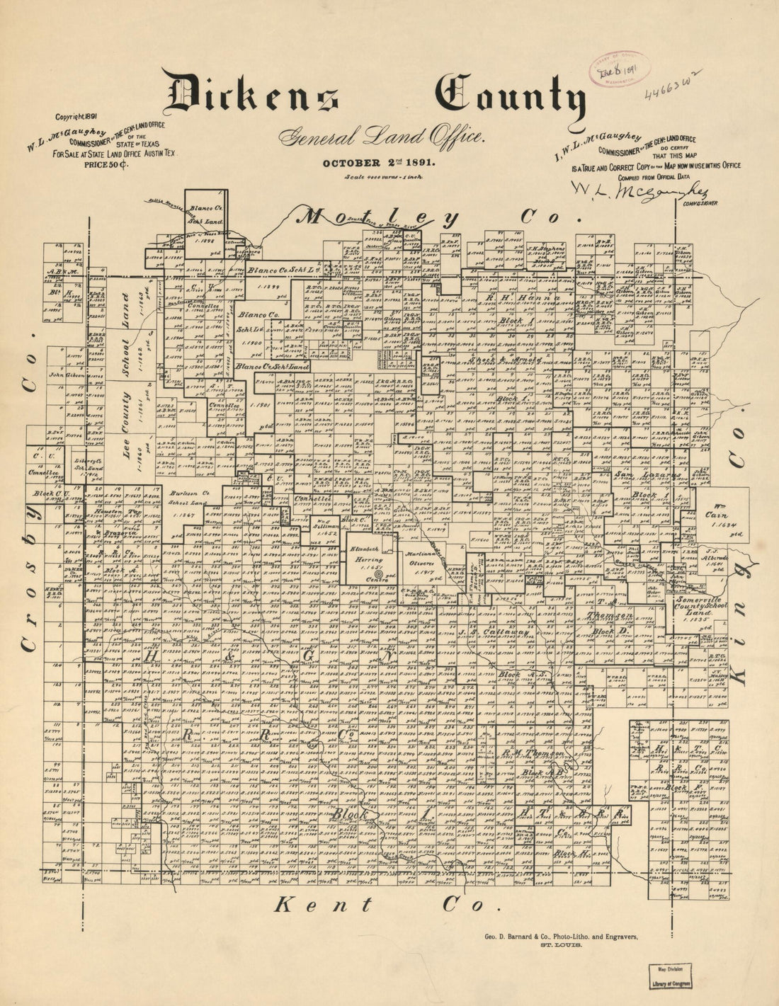 This old map of Dickens County from 1891 was created by W. L. McGaughey,  Texas. General Land Office in 1891